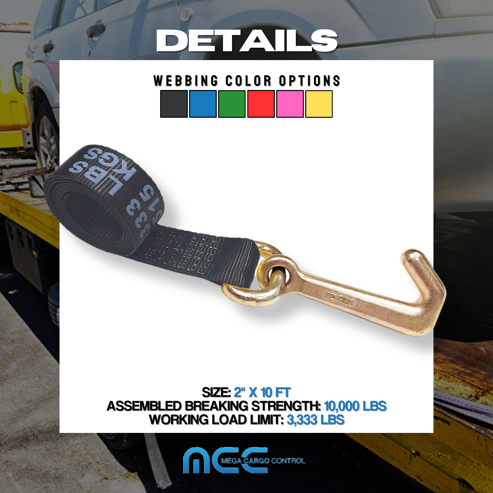 Heavy Duty G70 2" x 10' Mini J Hook Towing Trailer Wrecker Lasso Tie Down Strap