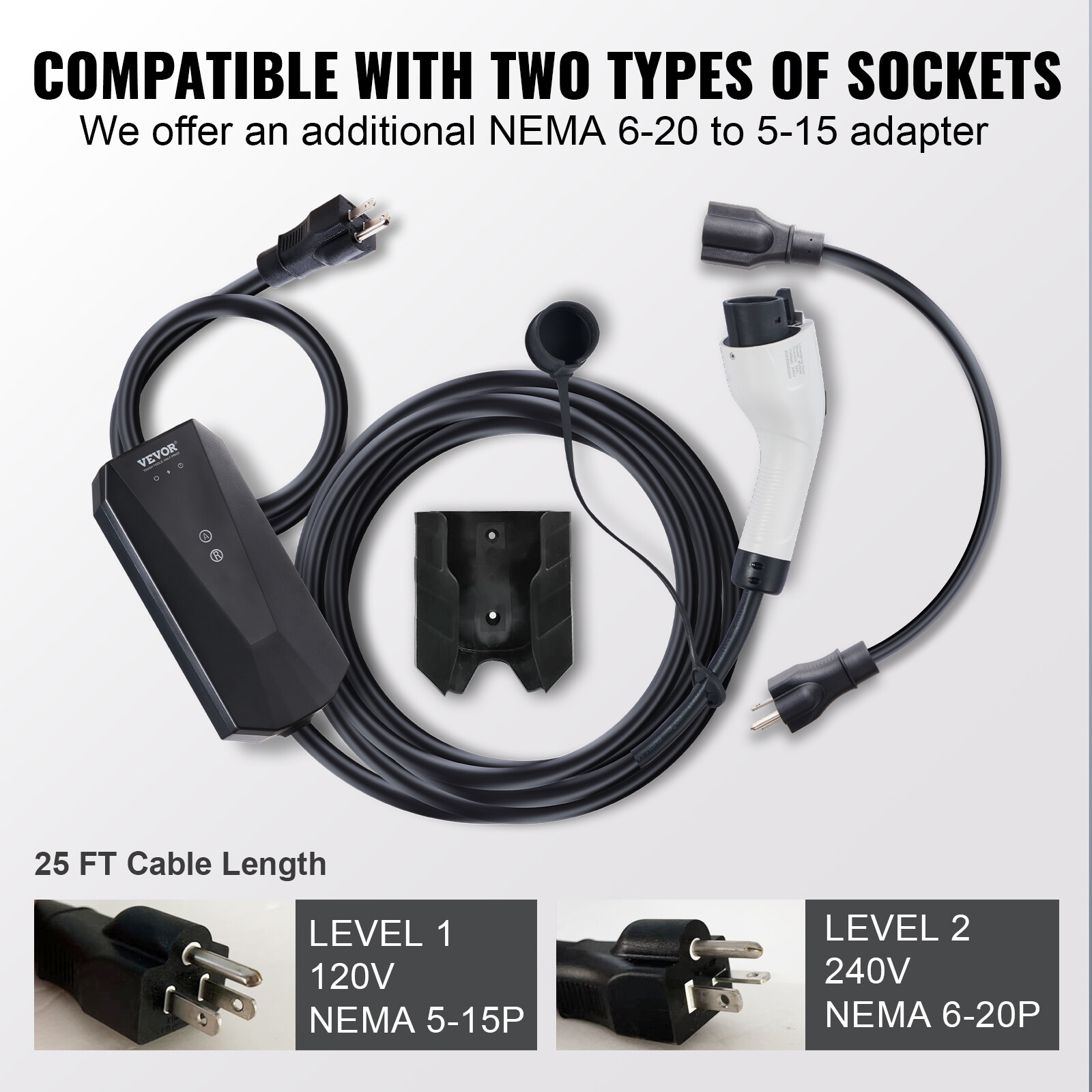 Portable EV Charger EV Car Charging Cable 16Amp Level 1&2 NEMA 6-20P/5-15P