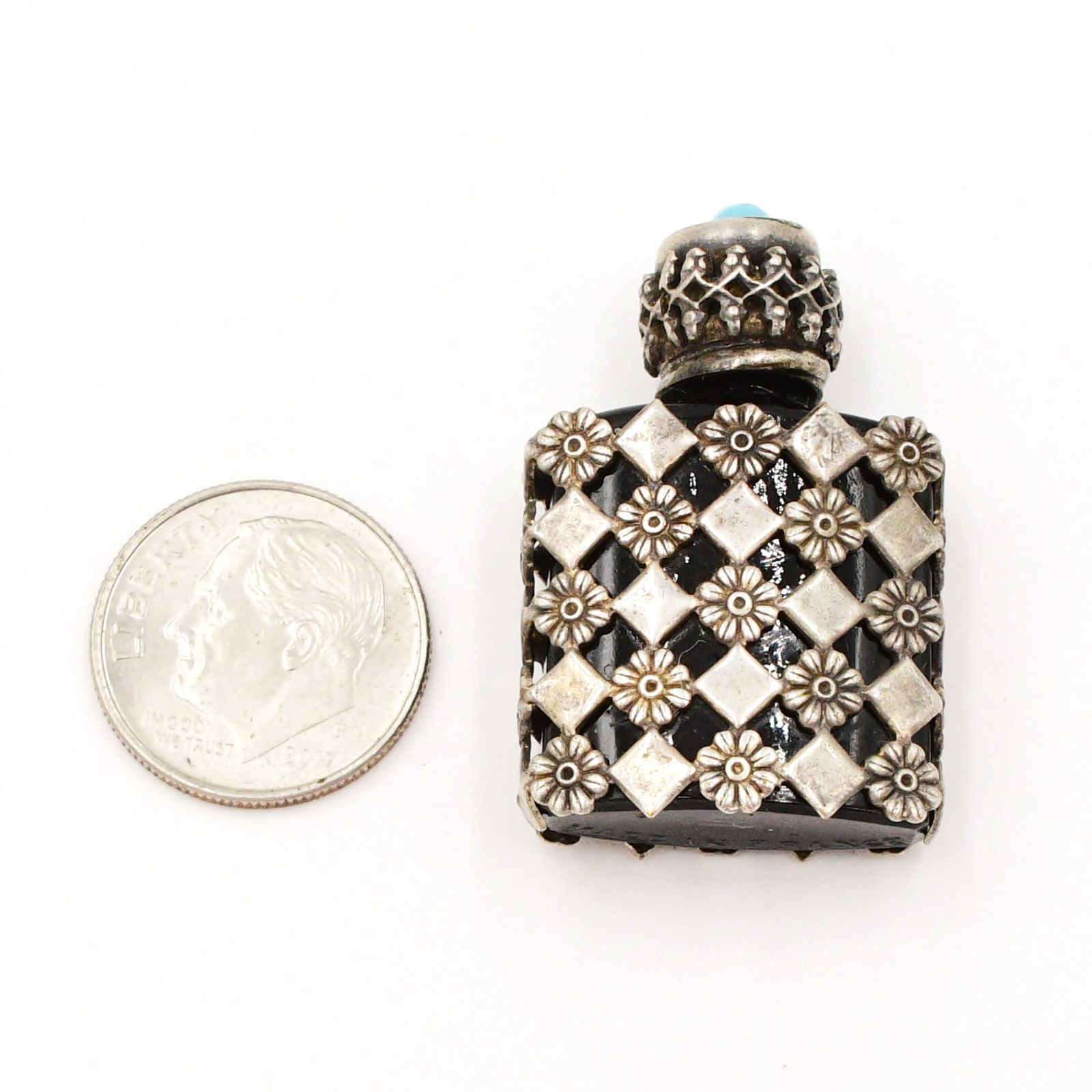 Sterling Silver 925 Vintage Turquoise Gemstone Flower Perfume Bottle