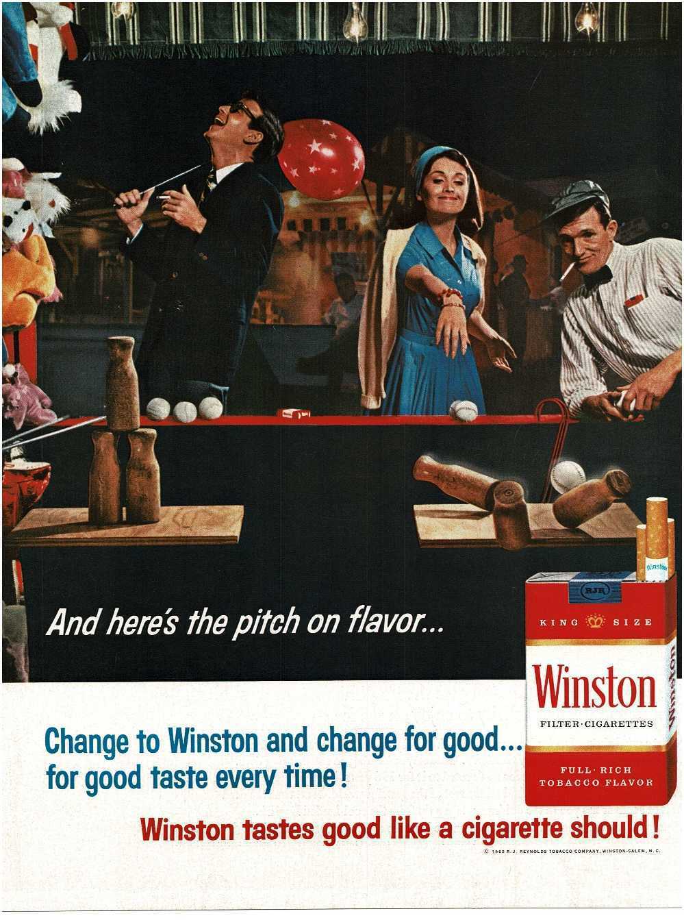 1965 WINSTON Cigarettes woman wins milk bottle carnival game Vintage Print Ad