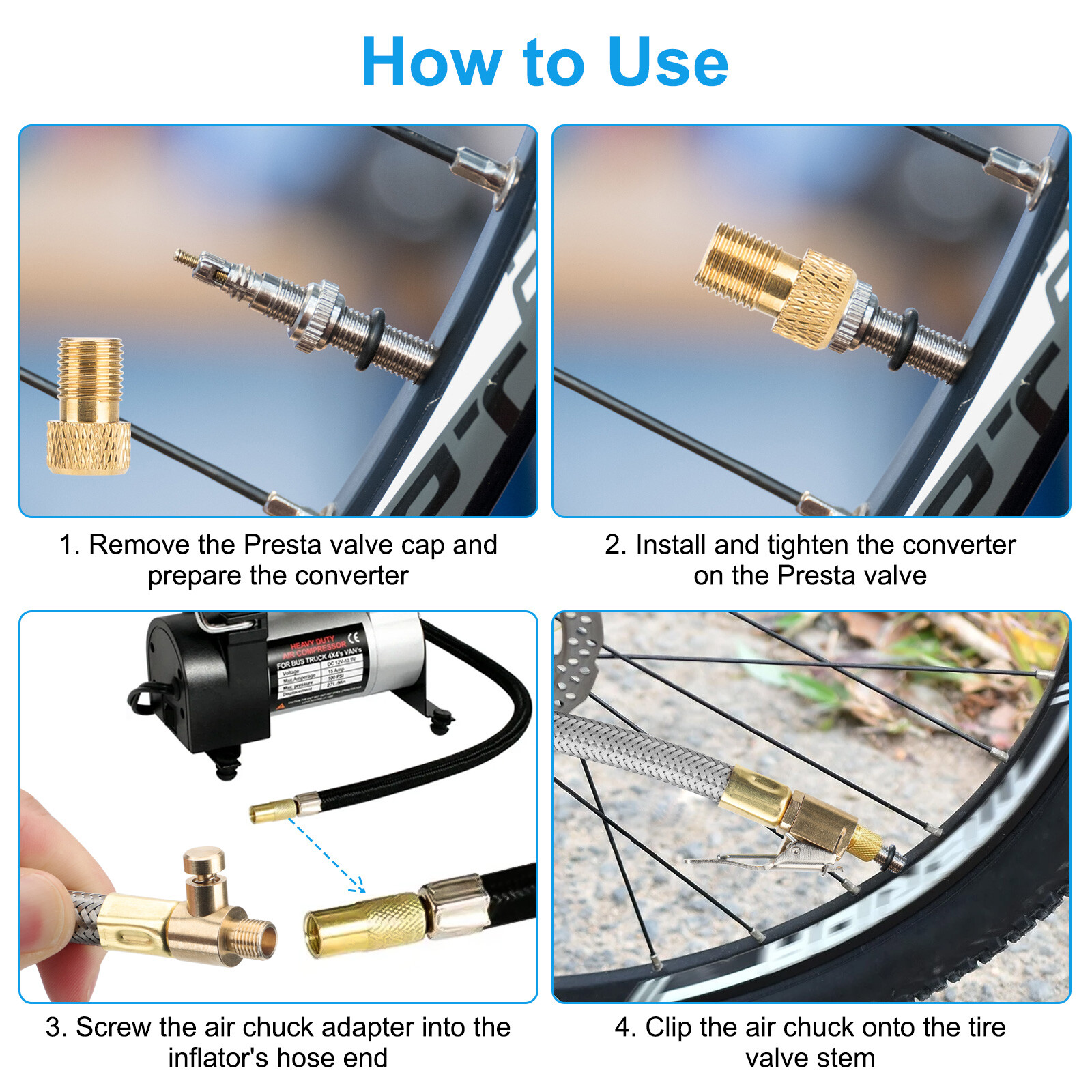 20" Tire Inflator Extension Hose Adapter Air Chuck Presta Valve Conversion Nut