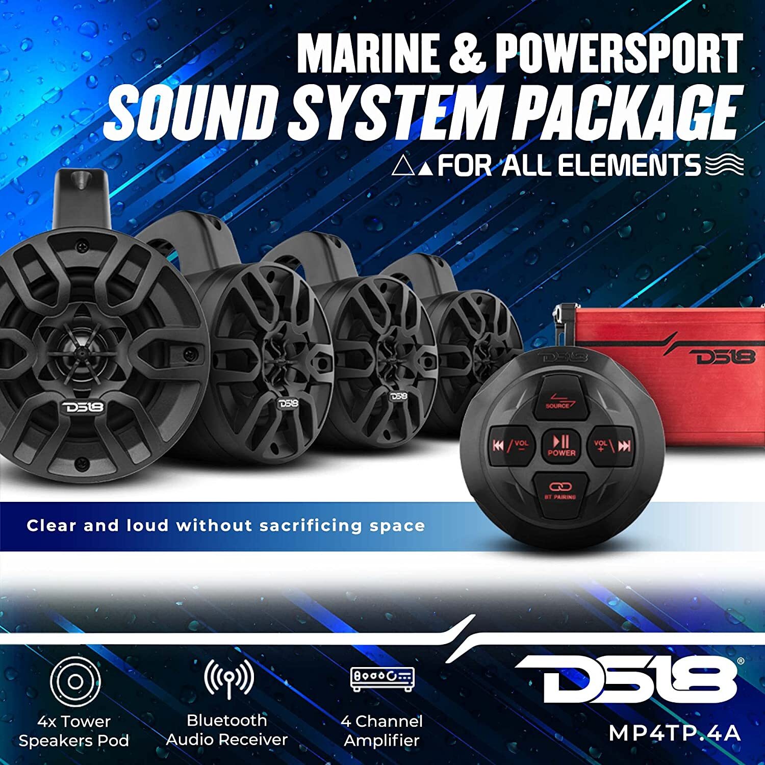 DS18 MP4TP.4A 4 HYDRO 4" Wakeboard Tower Speakers 600W With Amplifier Bluetooth