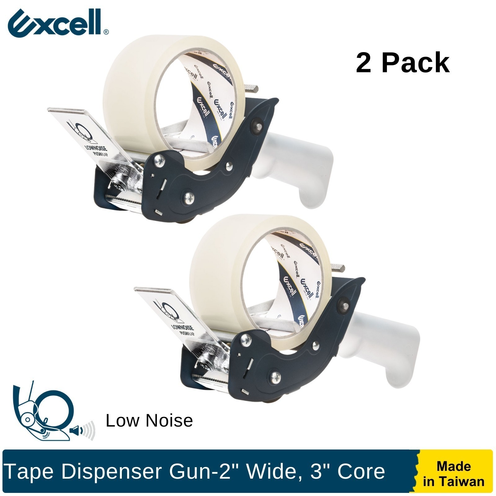 Excell Low Noise Tape Gun 2" Tape 3" Core, Quiet Packing Tool Box Sealing 2 Pack