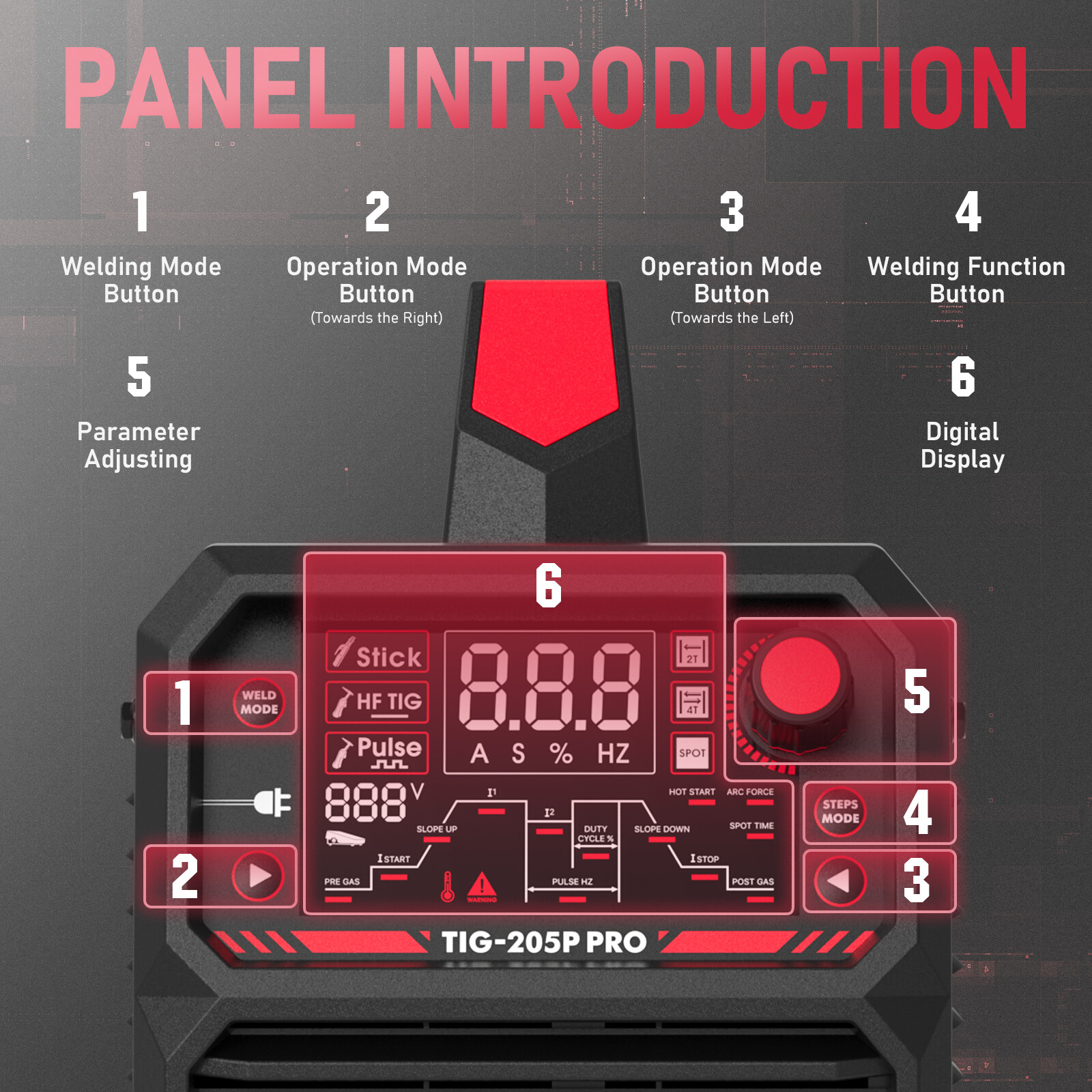 TIG Welder With Pulse 205Amp Large LED Display, STICK/DC TIG/PULSE TIG 3 In 1
