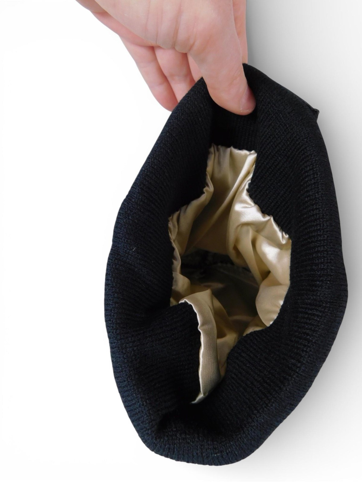 Crescent Moon Beanie Hat Womens One Size Black Satin Lined Knit Warm Winter