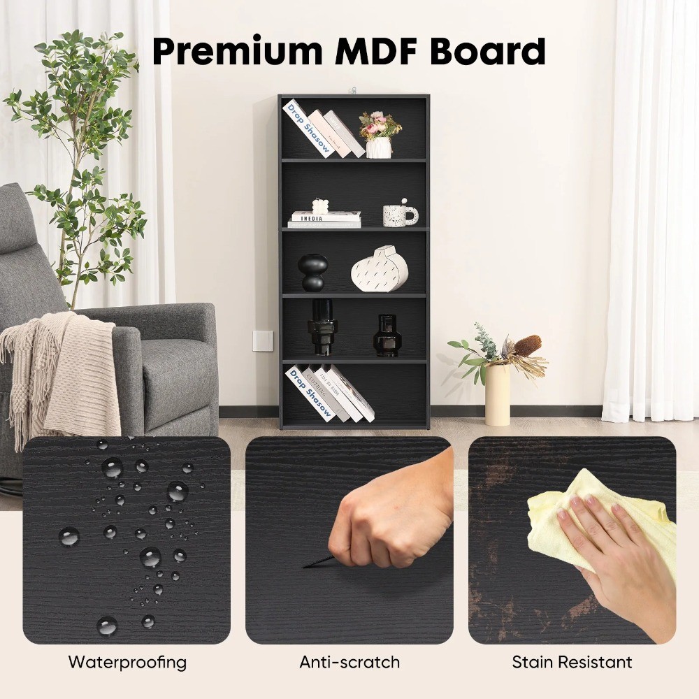 5-Tier Bookshelves with Adjustable Shelves,Black