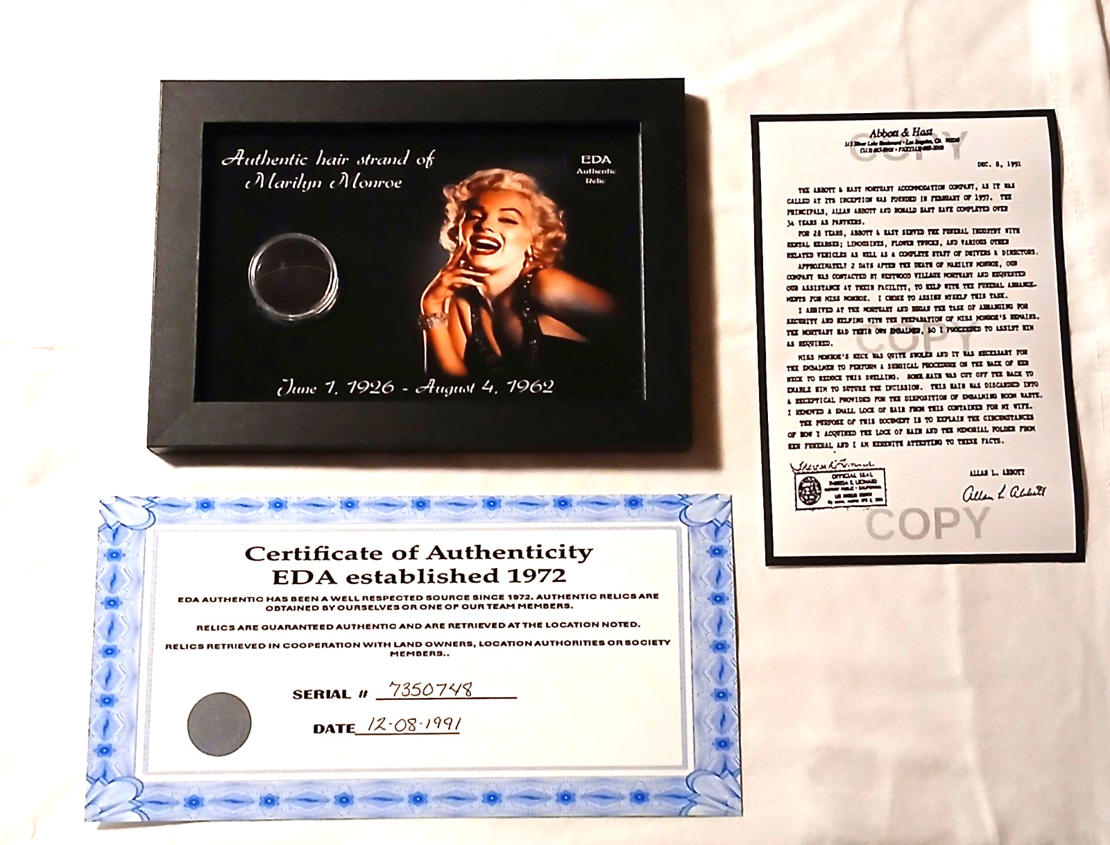 Authentic Marilyn Monroe Hair Strand Lock Relic Collectible With COA Norma Jeane