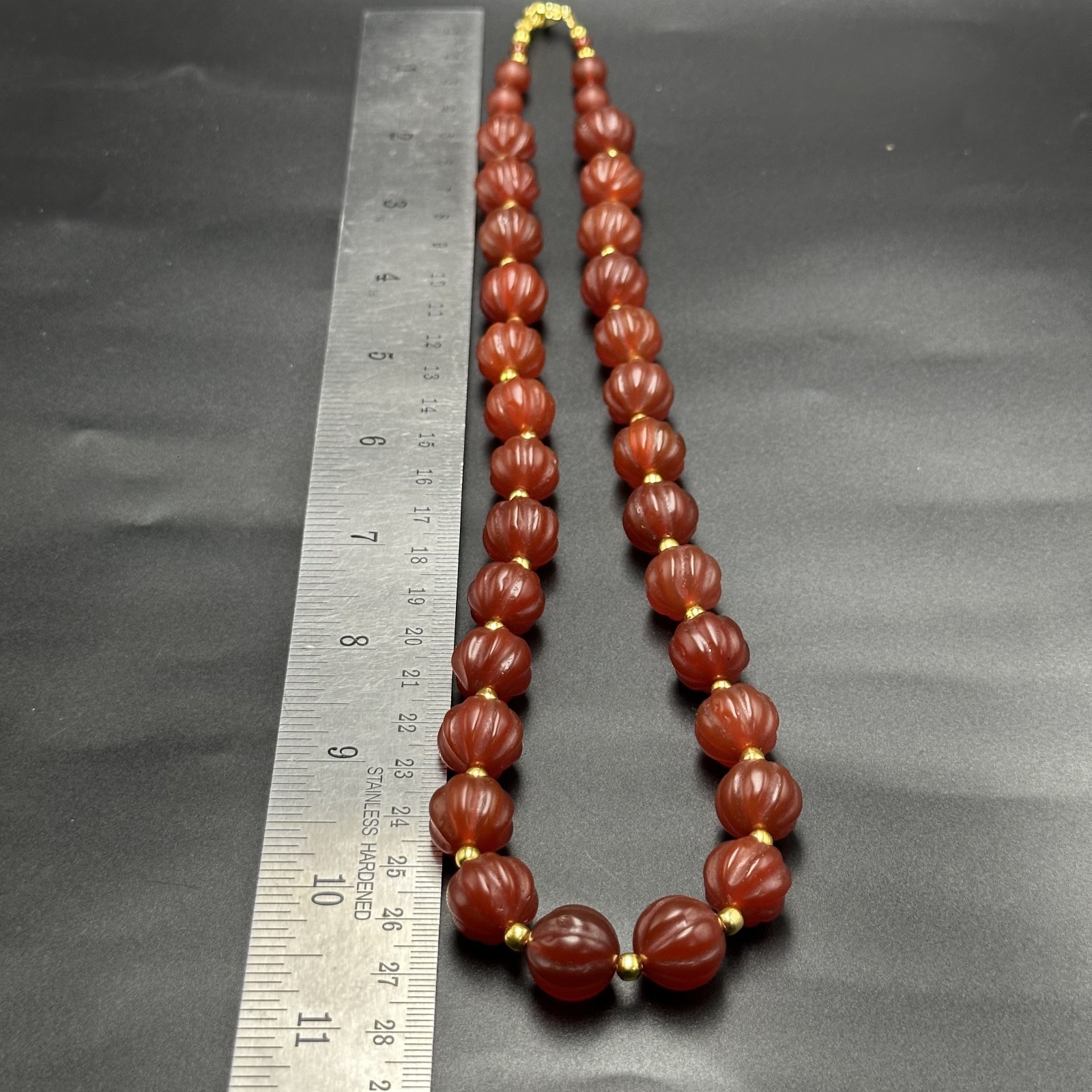 Vintage Himalayan Tibetan Carnelian Carved Agate Melon Shape Beads Necklace