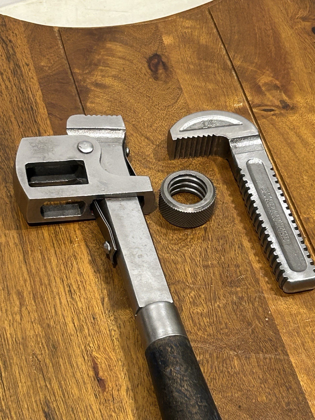 Vintage J.P. Danielson 14” Wood Handle Pipe Wrench Adjustable Monkey Wrench USA