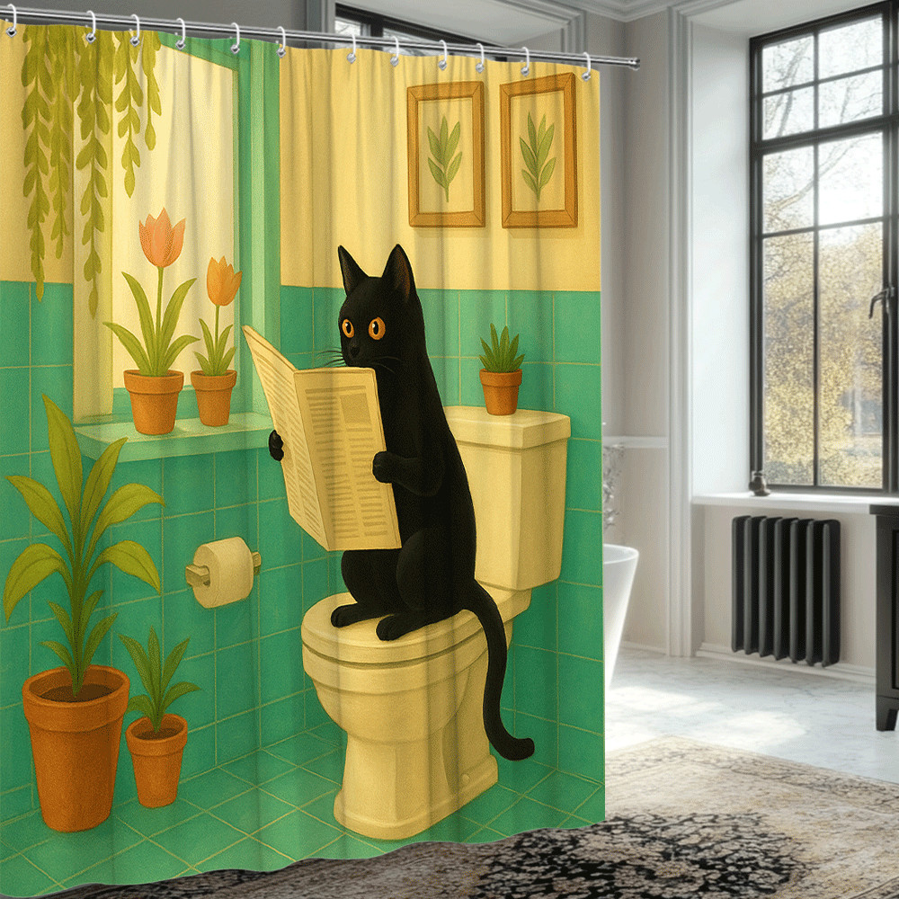 Funny Black Cat Shower Curtain for Bathroom Decor