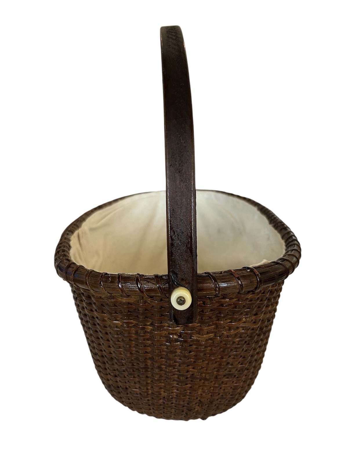 Antique Nantucket Lightship Basket - Swing Handle - Wood Bottom - Handwoven Cane