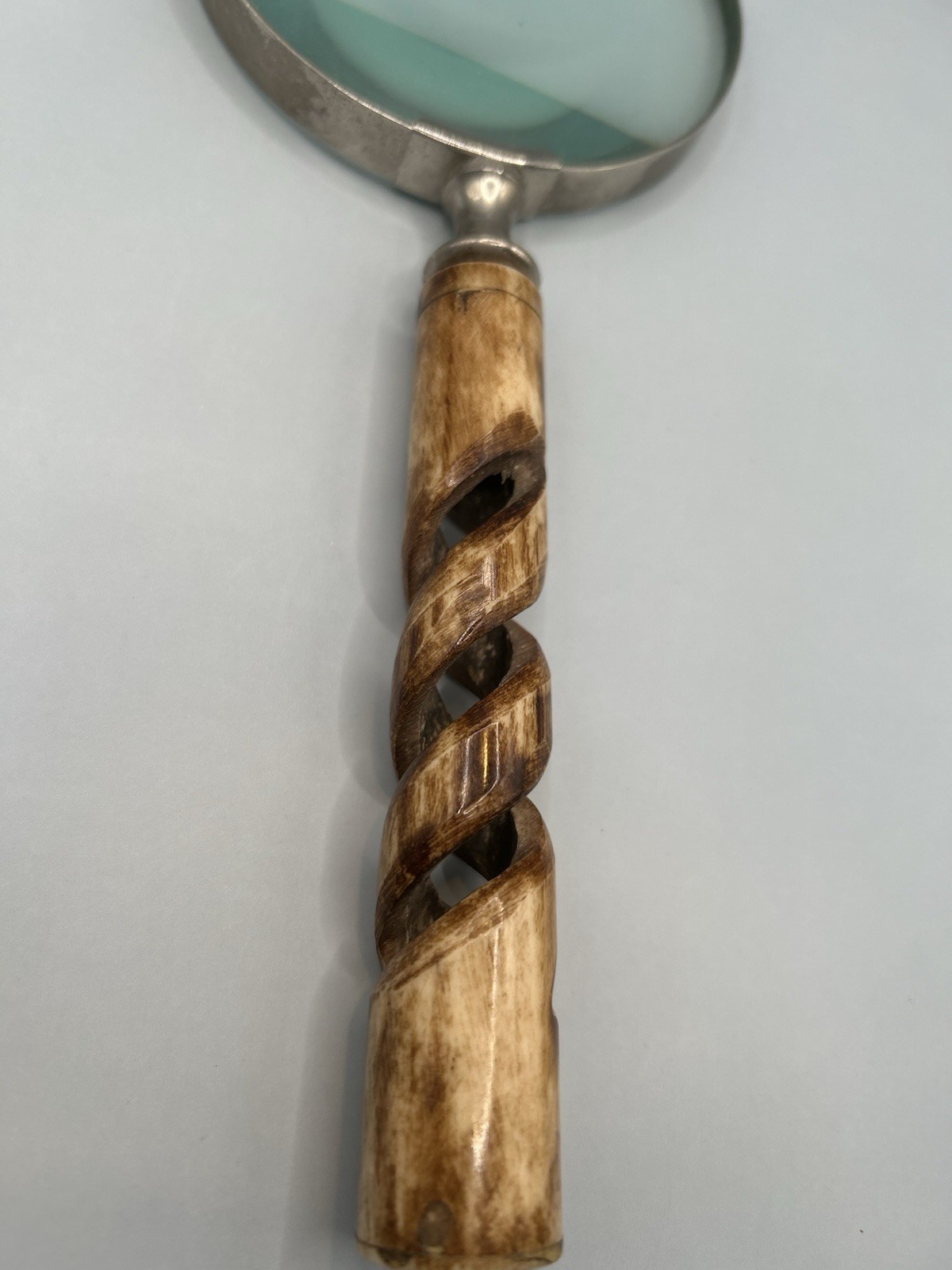 Magnifying Glass, 4" Lens, 10x Magnification Antique Finish Twisted Bone Handle