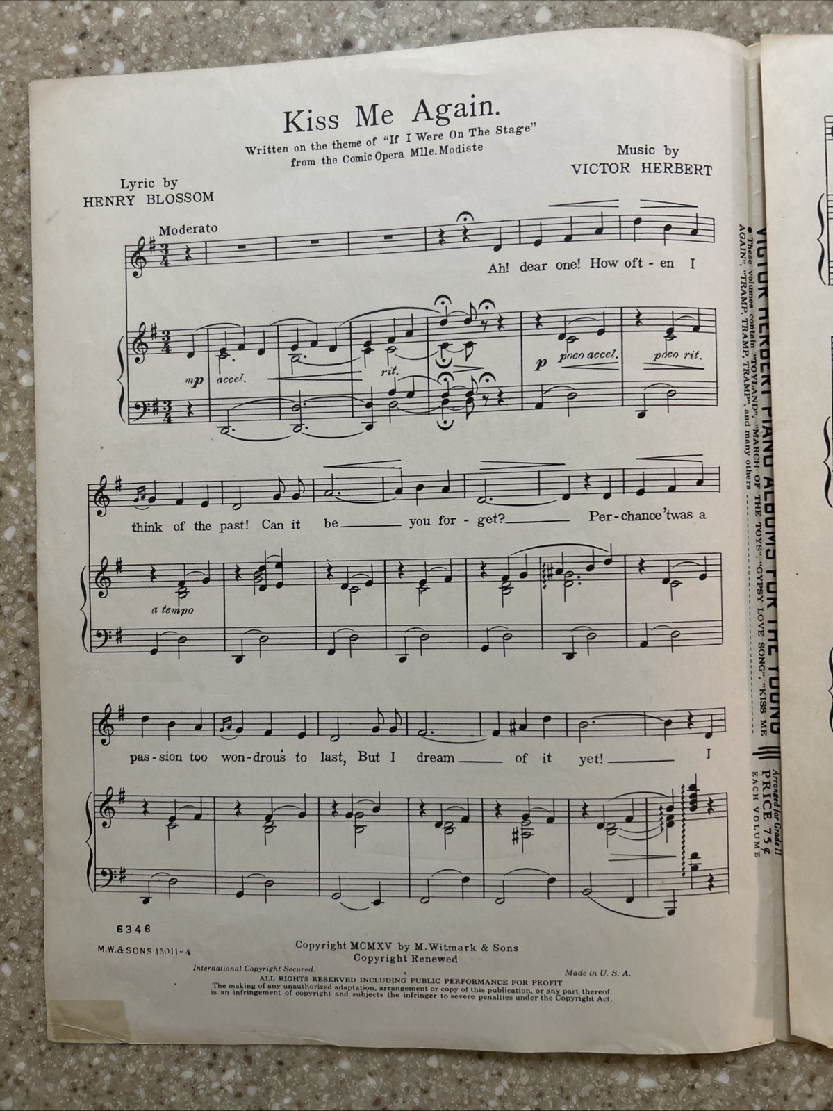 1915 Kiss Me Again Antique Piano Sheet Music Henry Blossom and Victor Herbert