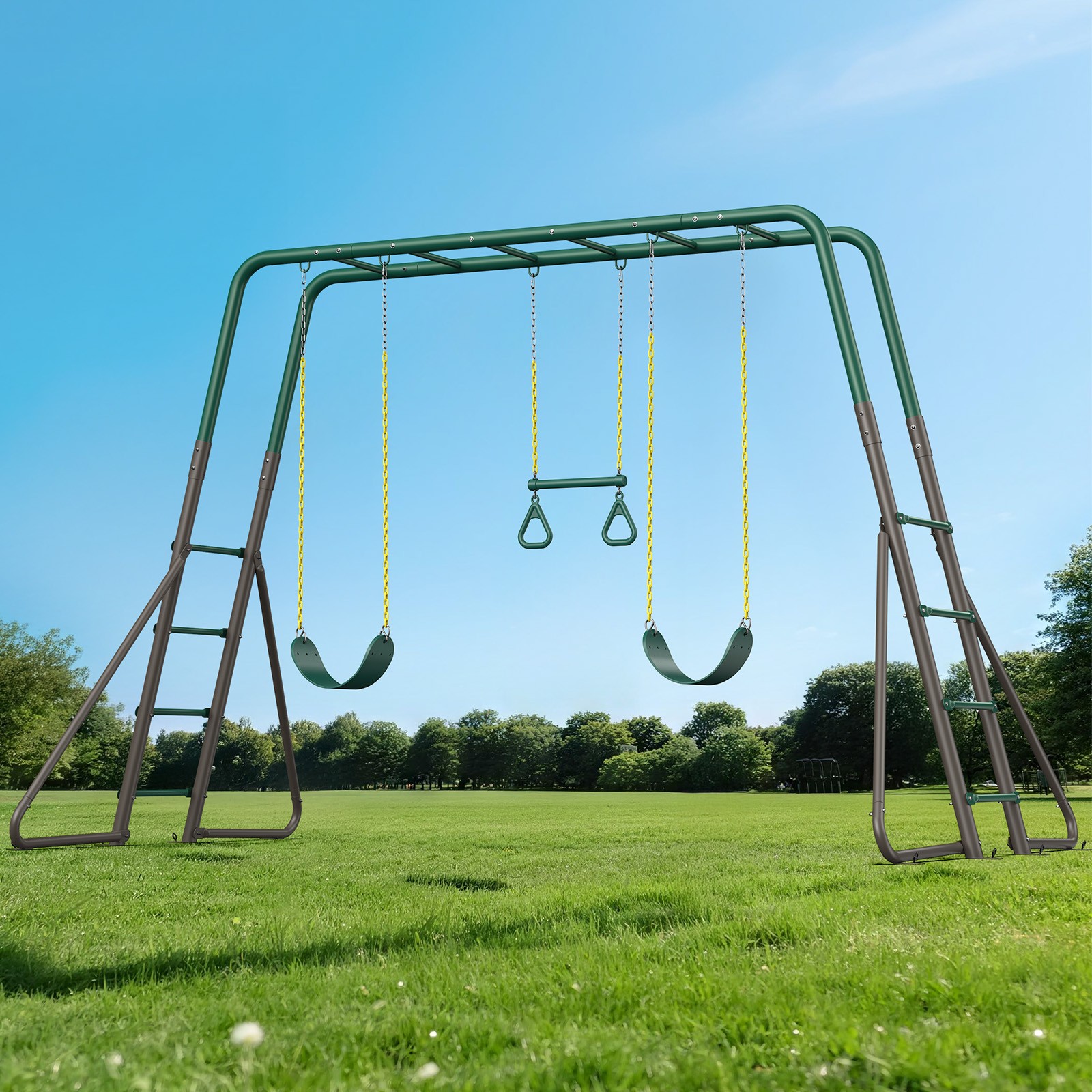 Metal Swing Sets Playground Set for Kids with 2 Belt Swings, Monkey Bars Outdoor