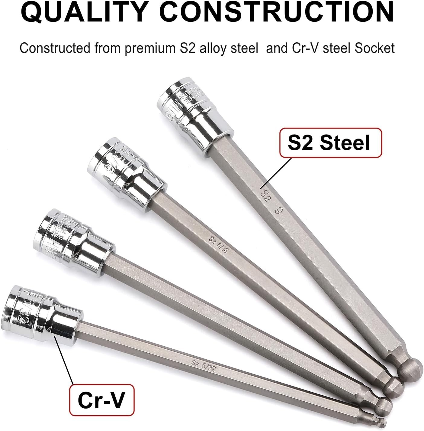 3/8"Drive Extra Long Ball-End Hex Bit Socket Set, 18 Piece Allen Socket Set, Met