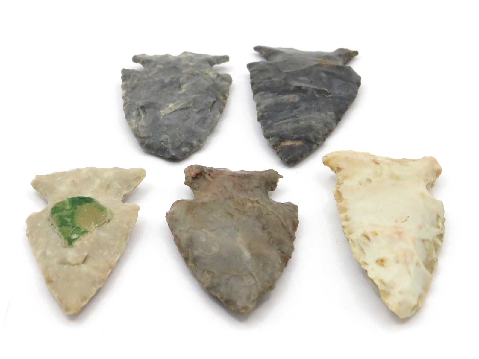 5pc LOT of NOTCHED INDIAN ARROWHEAD - AUTHENTIC w GREAT COLORS**