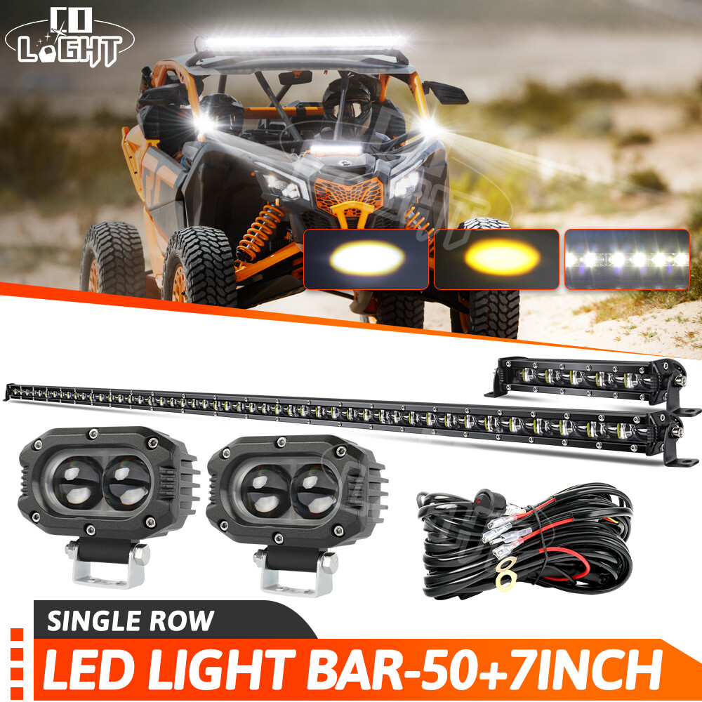 Roof 6D 50" +7" LED Light Bar+4" Dual Color Pods Wire Kit For Can-Am Maverick X3