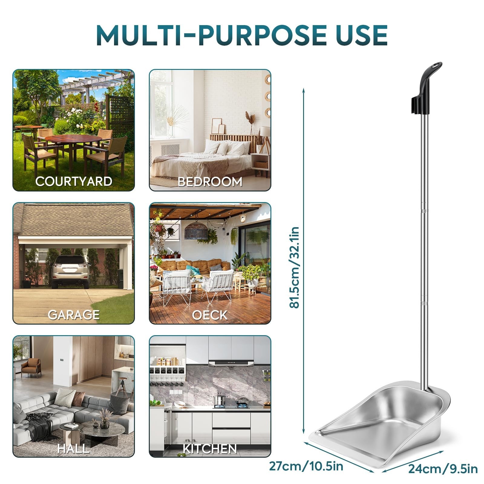 Yangbaga Dust Pans with Long Handle - 35”Heavy Duty Metal Upright Stand Up Du...