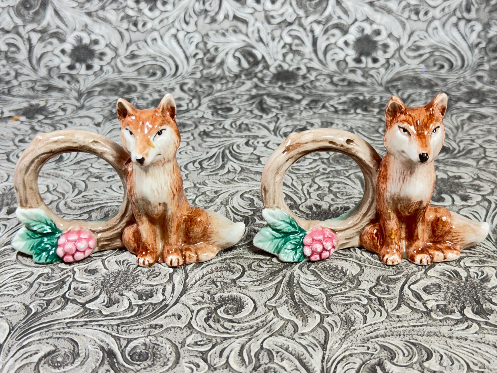 Vintage Fitz & Floyd Reynard The Fox Napkin Rings 1990 Woodland FF Christmas