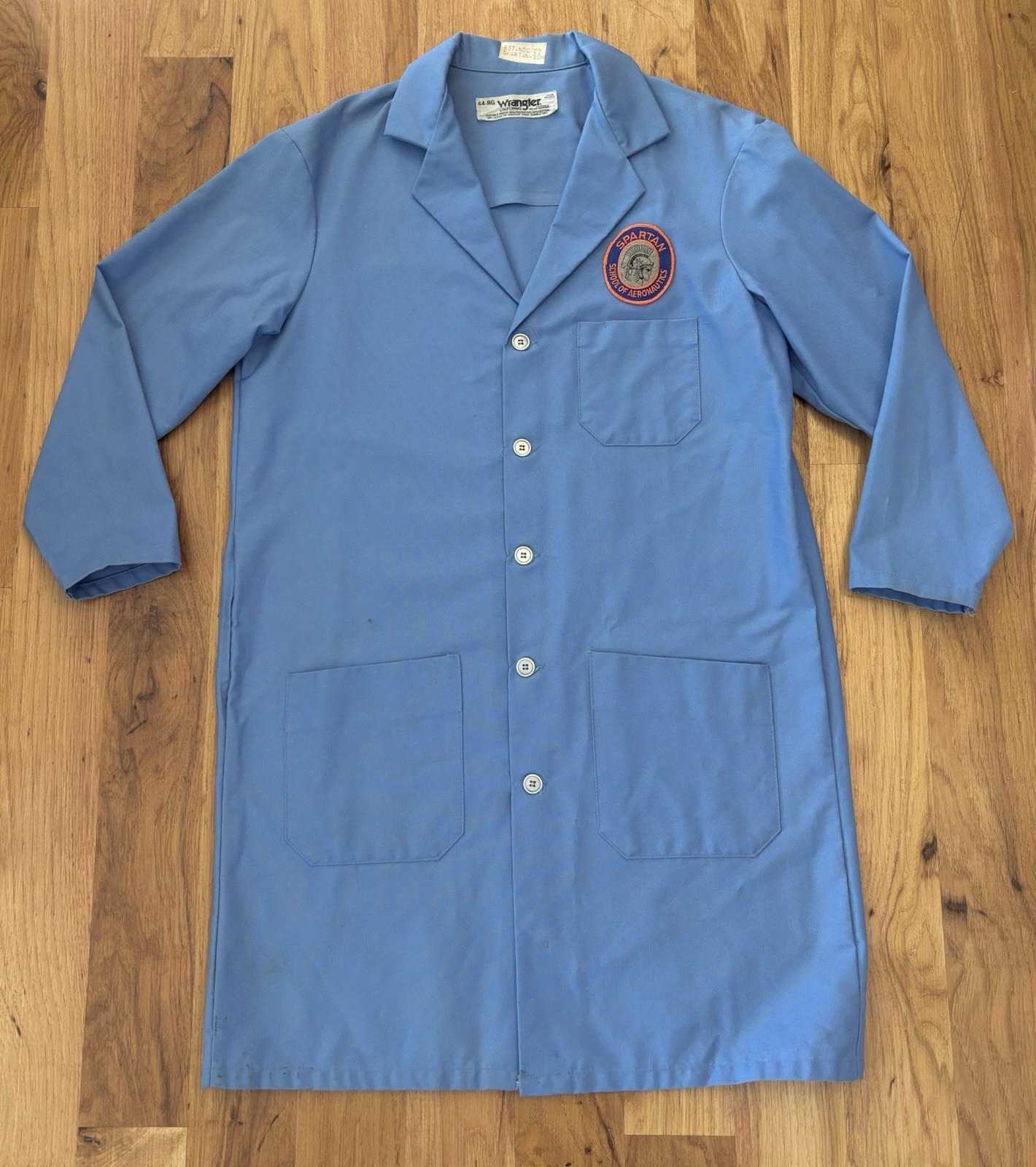 Vintage Wrangler Blue Lab Shop Coat 44 Spartan School of Aeronautics Patch USA