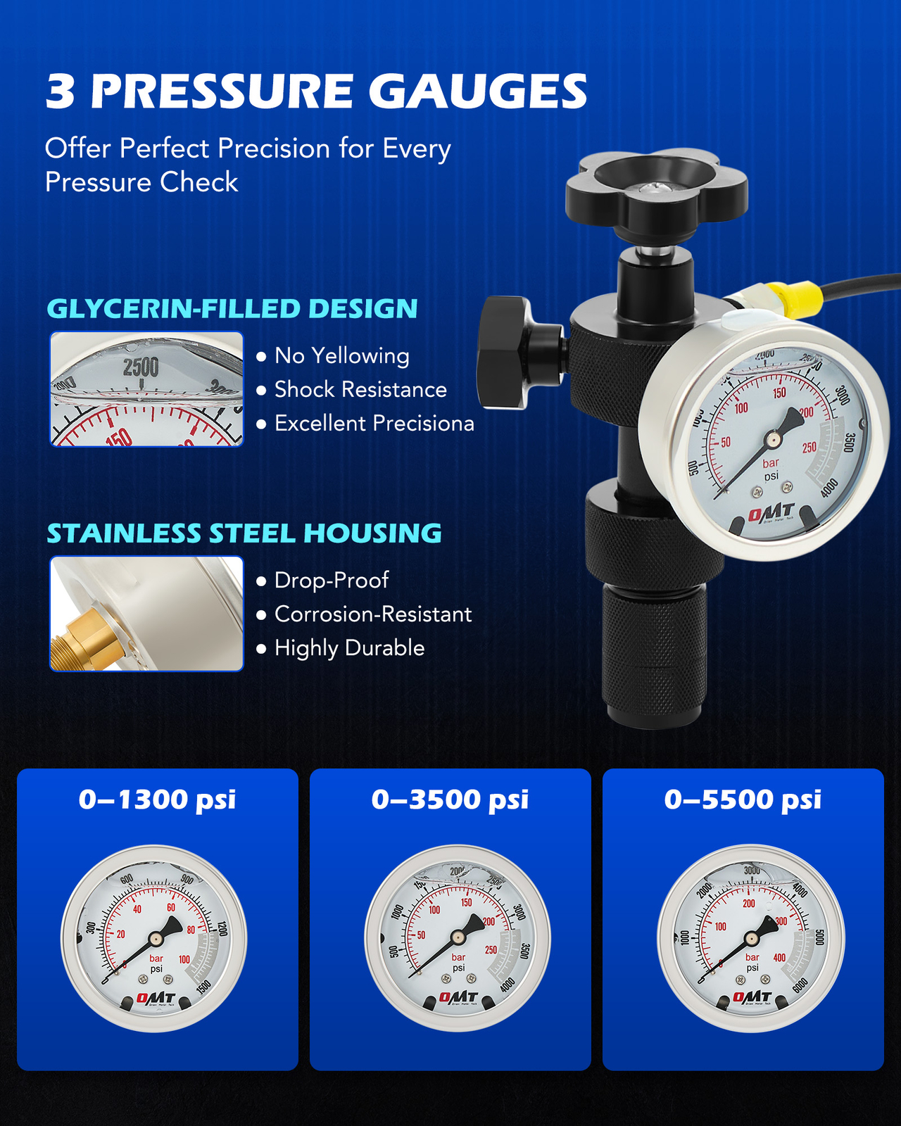 OMT Hydraulic Nitrogen Accumulator Charging Kit with 3 Gauges Gas Valve Test Kit