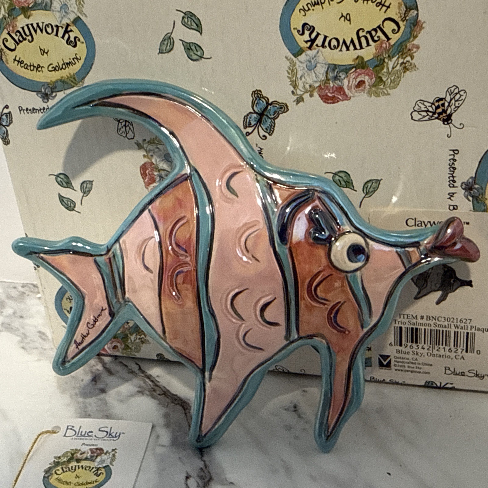 Clayworks Blue Sky Ceramic Angel Fish Wall Plaque Art Small Heather Goldminc