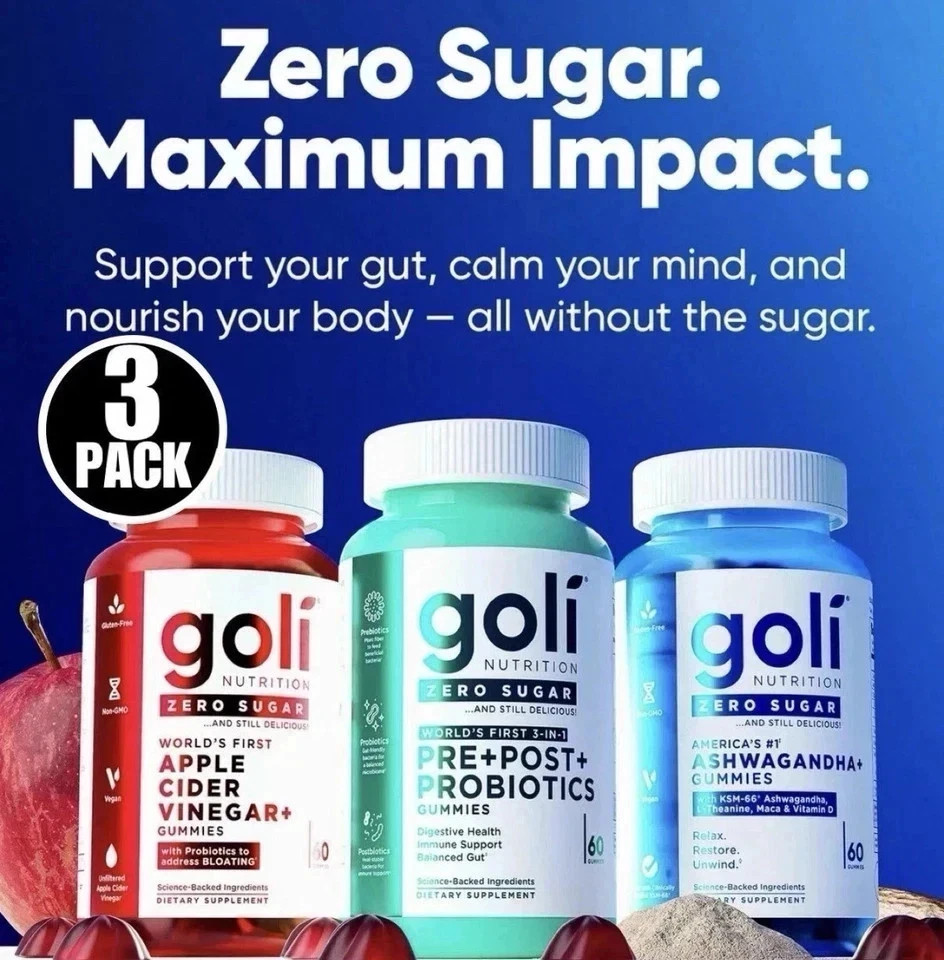 3 Bottles Goli Zero Sugar Best Seller Trio Set Gummies, 60 Counts Per Bottle