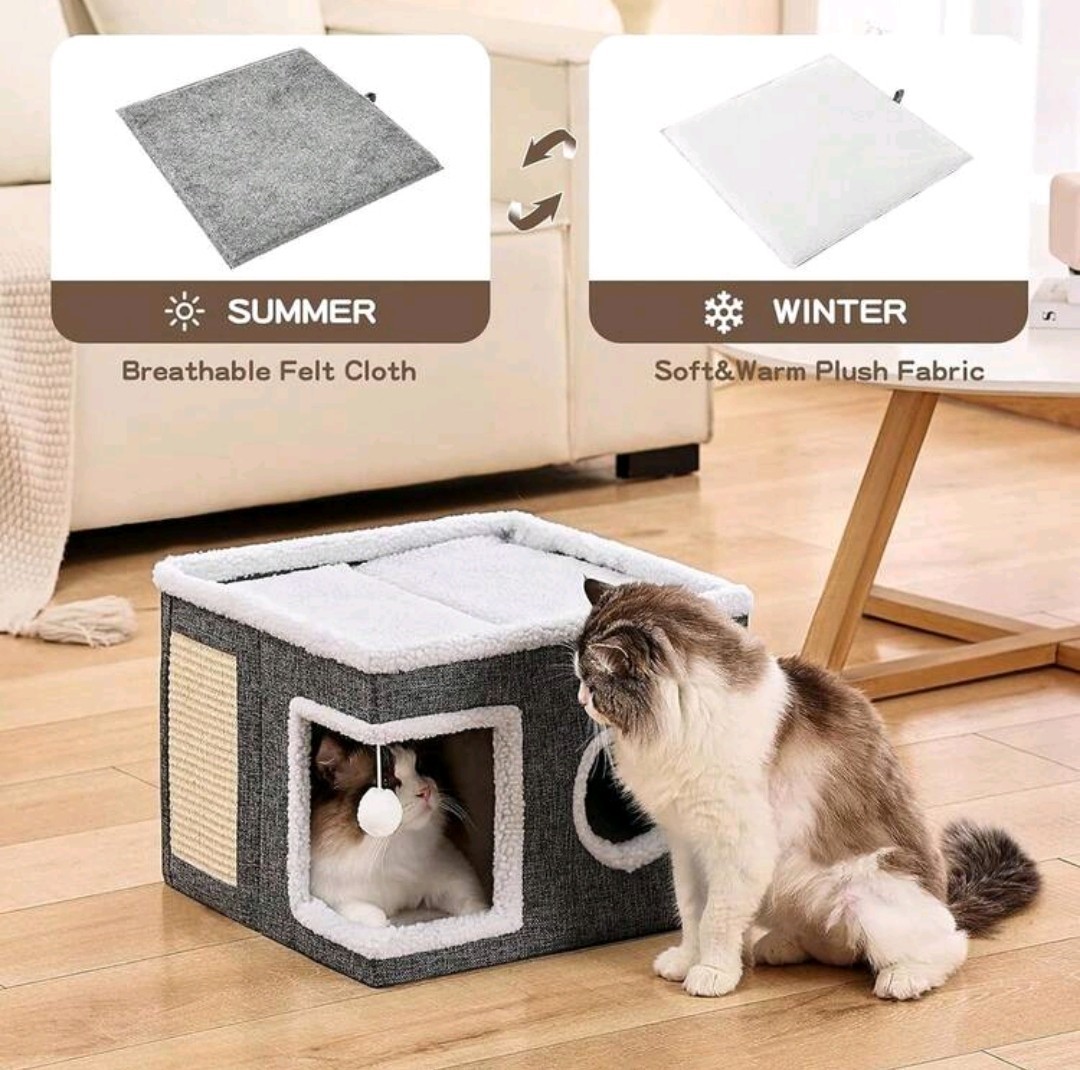 Cat Bed for Indoor Cats, Large Covered Cat House with Scratch Pad, Foldable Cat