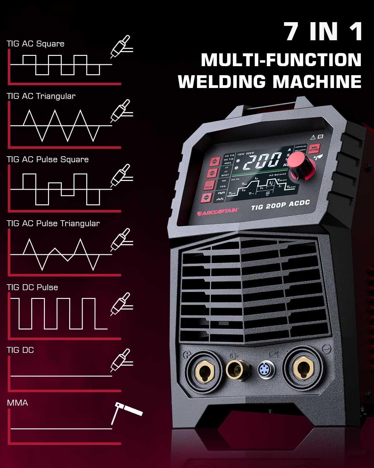 7-IN-1 TIG Welder TIG200P AC/DC 200Amp Stick/MMA/Spot DASH-ARC Welding Machine