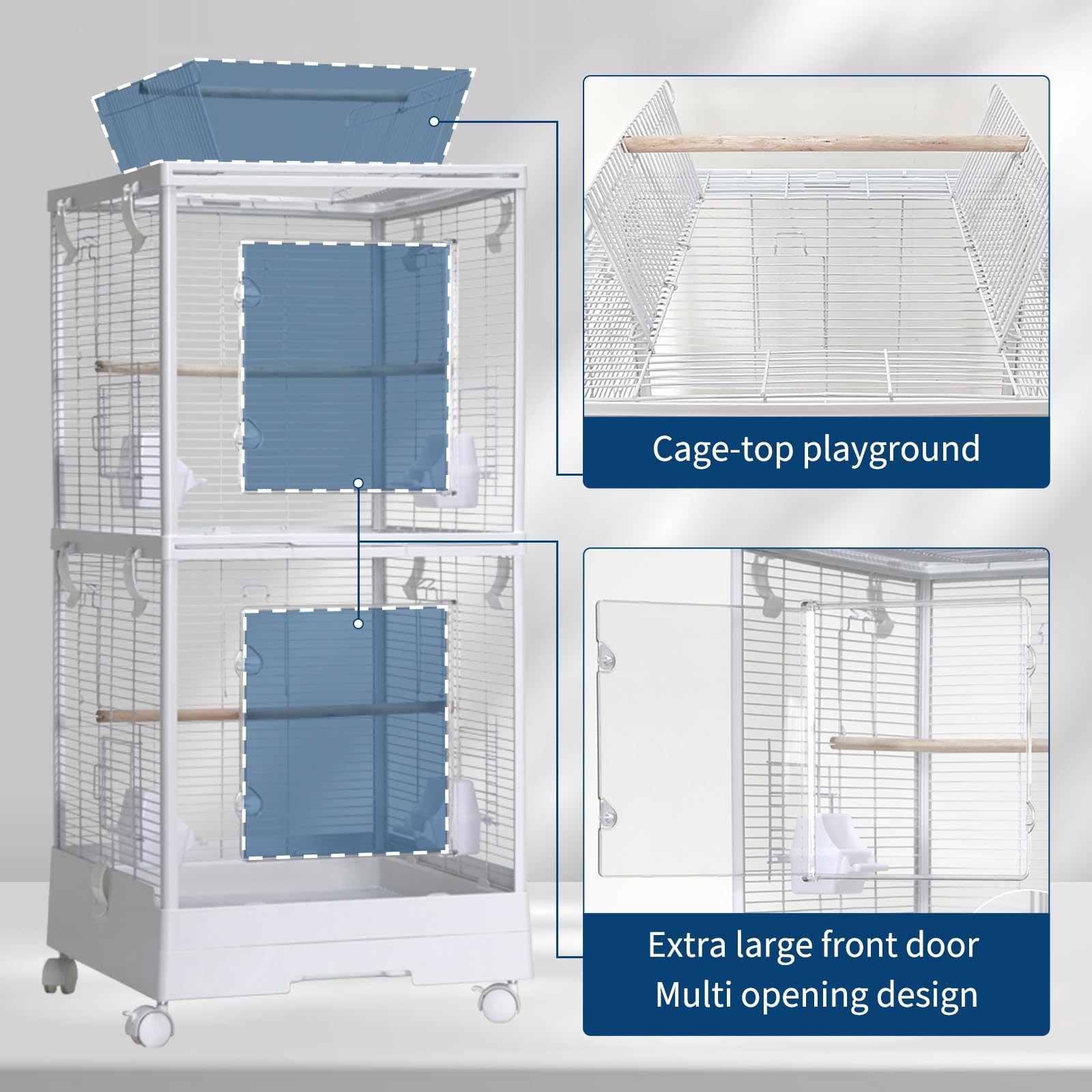 Double-layered Birdcage With Roof Opening Bird Aviary Cage With Castors, White