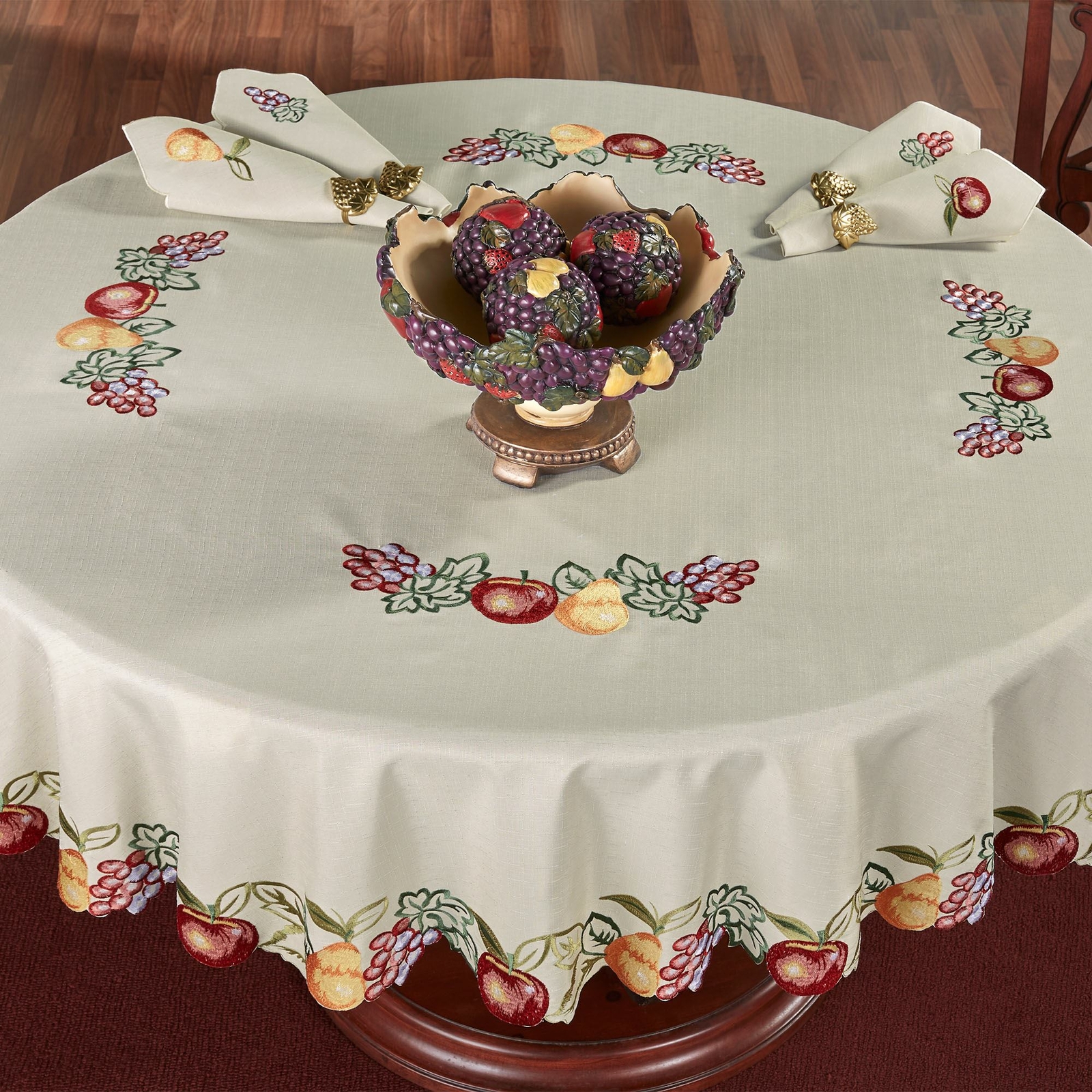 Fruitful Embroidered Oatmeal Dining Table Linens 70" Round Tablecloth