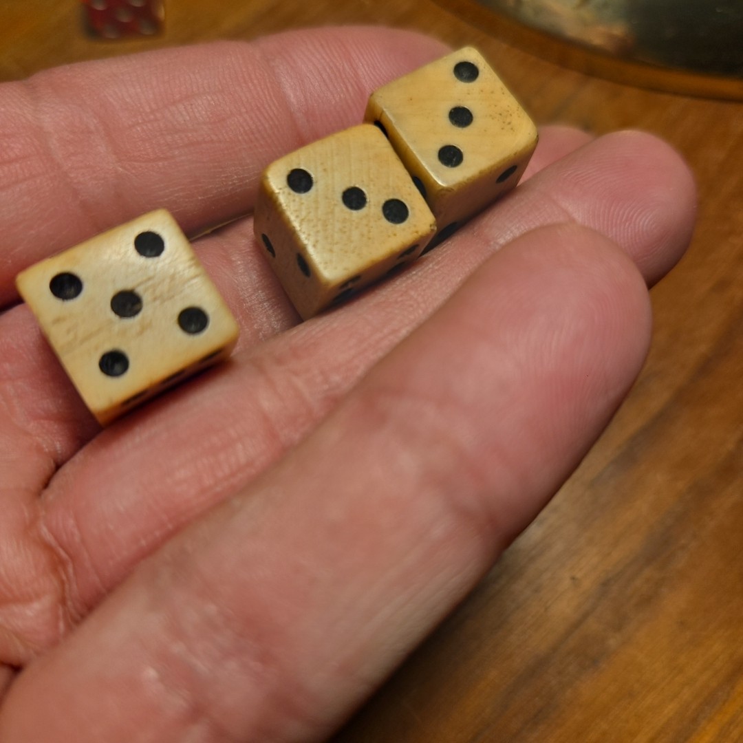 1765 Stamp Act taxed cattle bovine dice with black pips 3 Dice Vintage Hand Cut