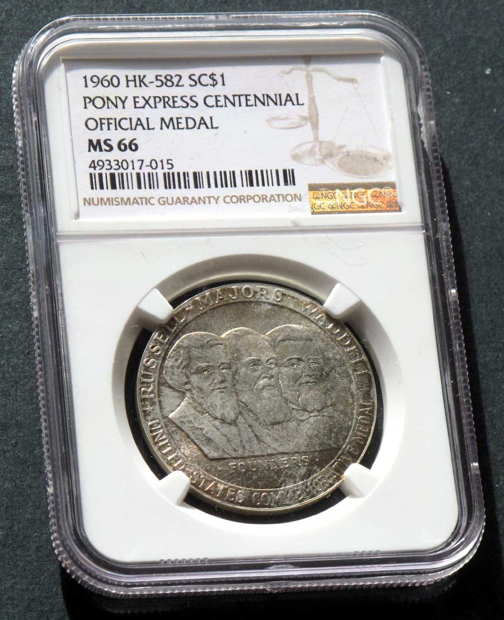 1960 HK-582 : NGC MS 66 : Gem SILVER Pony Express Centennial Off. Medal ASW 0.83