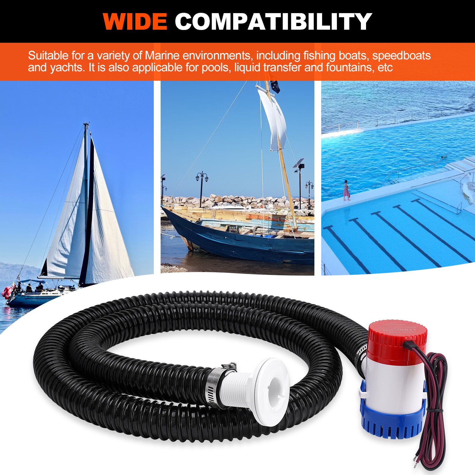 1100 GPH Boat Bilge Water Pump 12V 1-1/8 Inch Dia Bilge Pump Plumbing Kit W/Hose
