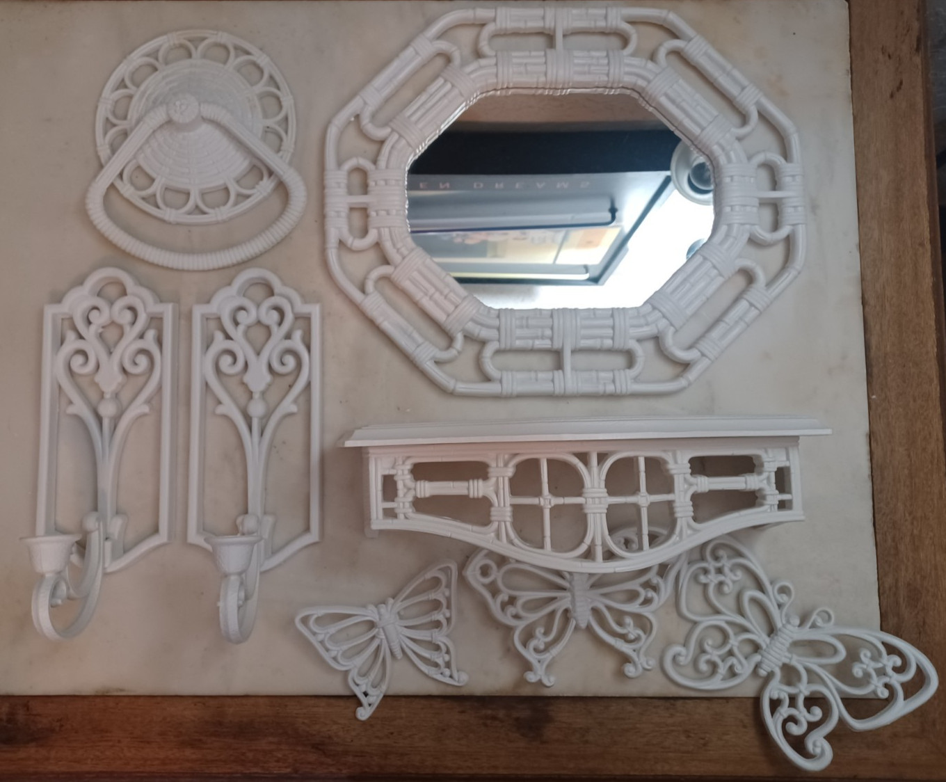 Vintage Homco Home Interiors Faux Wicker Bathroom Wall Decor Set Mirror Sconces