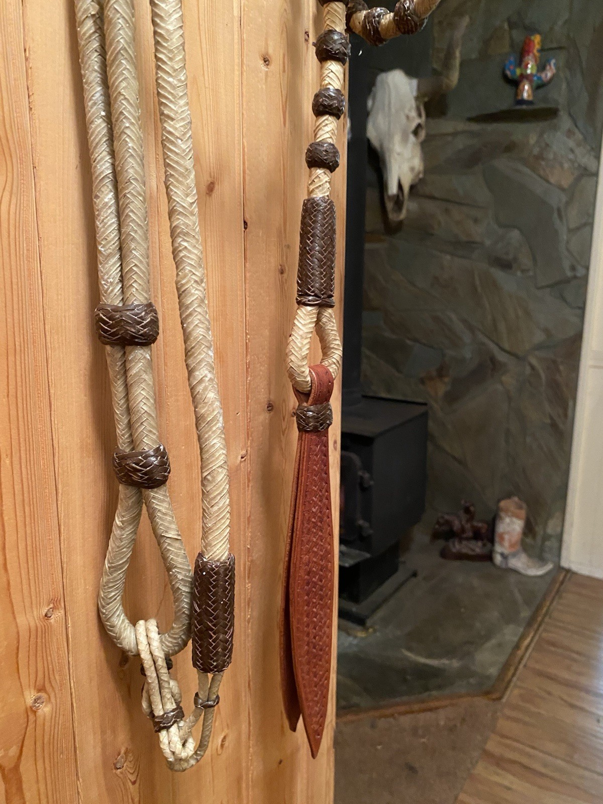 Vintage Western Braided Rawhide Romel / Romal Reins 60 Brown Buttons Vaquero