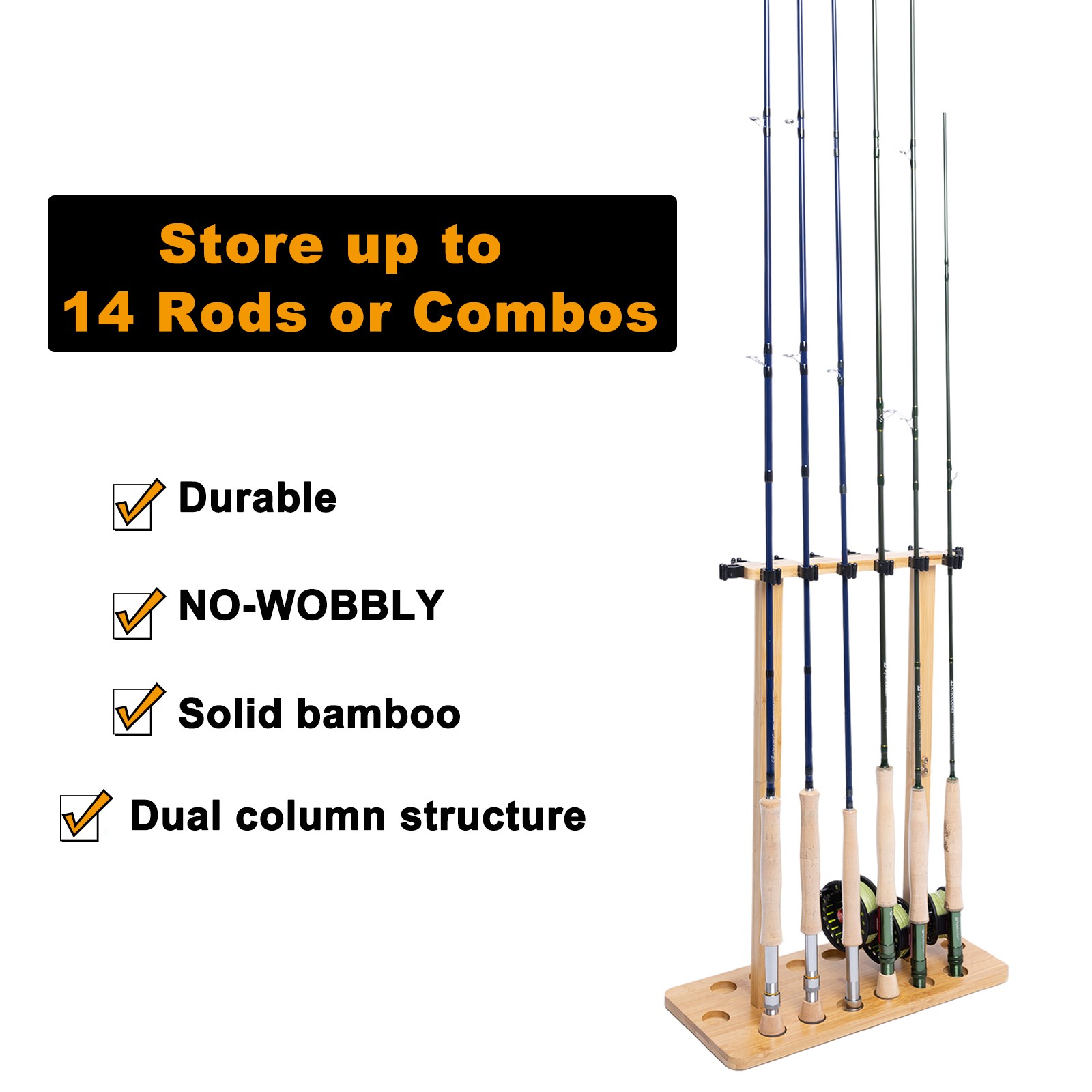 Fishing Rod Storage Racks, 100% Wood Floor Stand Fishing Pole Holders of 14 Rods