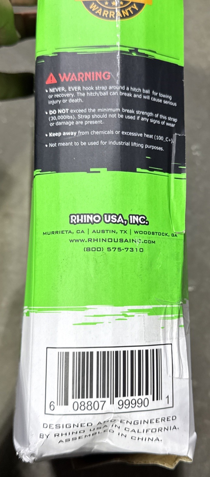 Rhino USA Recovery Tow Strap 3in x 30ft Heavy Duty - 31,518lb Break Strength NEW