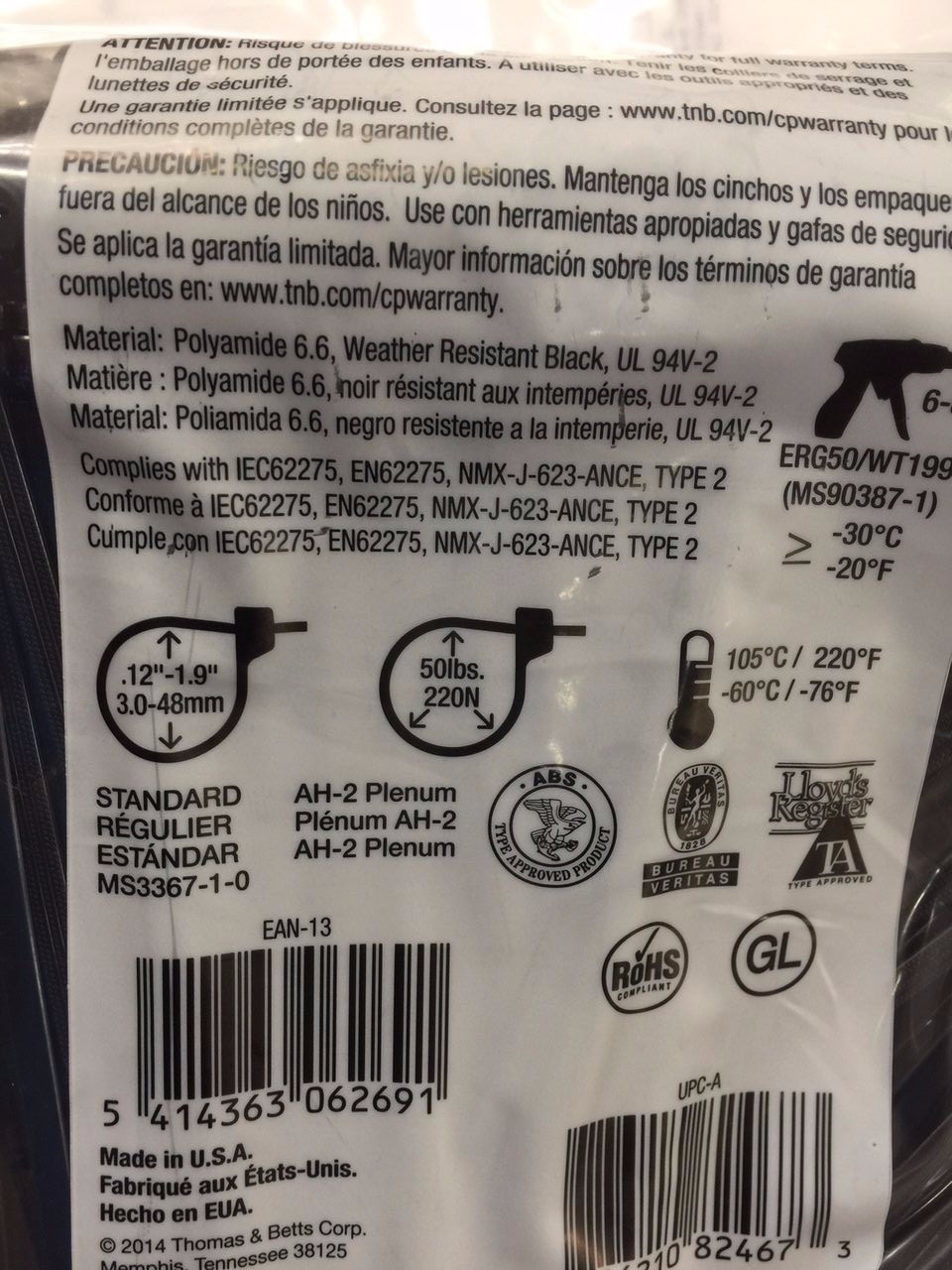 Thomas & Betts Ty-Rap TY25MX 7.3" 50lb 1000/Pack