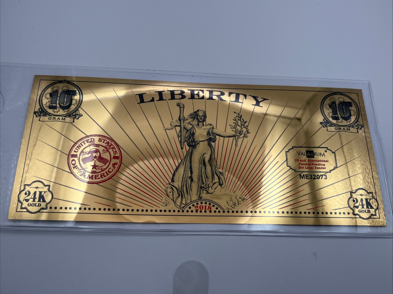 2018 ValAUrum Liberty Gold Note - 1/10 Gram 24K Gold Note Limited Edition - Mint