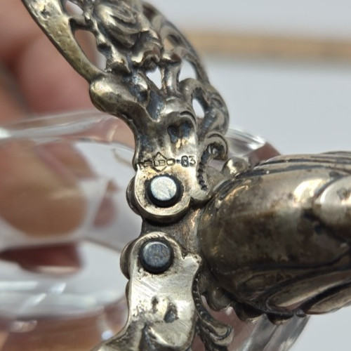 Antique German Sterling Silver 835 Crystal Fighting Rooster Salt Cellars Rare