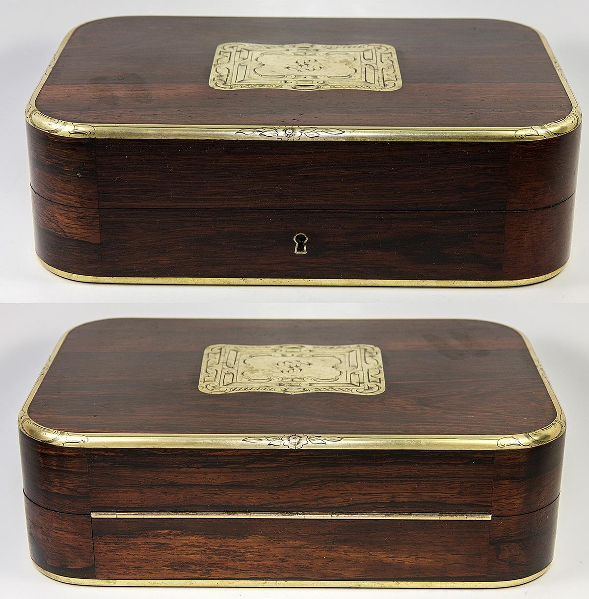 Antique French Vanity Travel Set, Hardwood Case by DUBREUIL, Inkwell & Jars