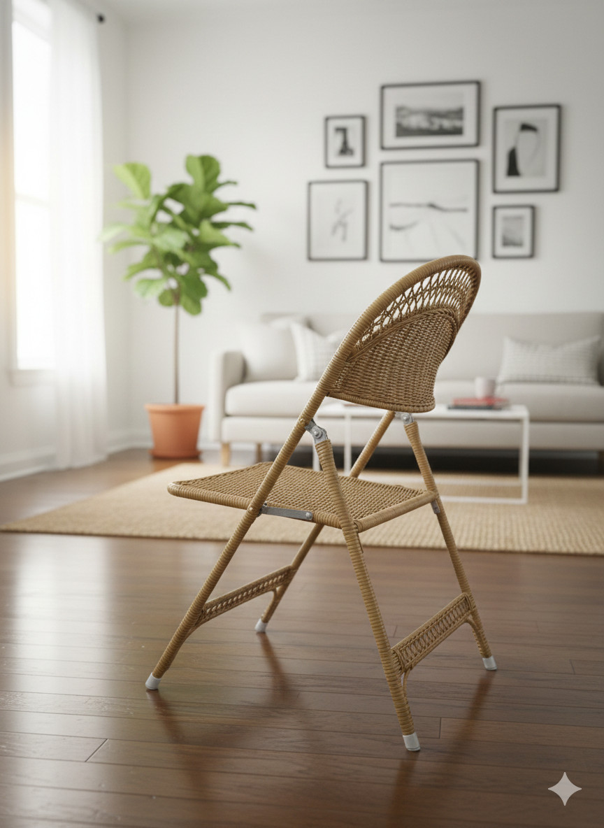Antique White Wicker Folding Chairs Set of 2 for Home Office, Metal Frame