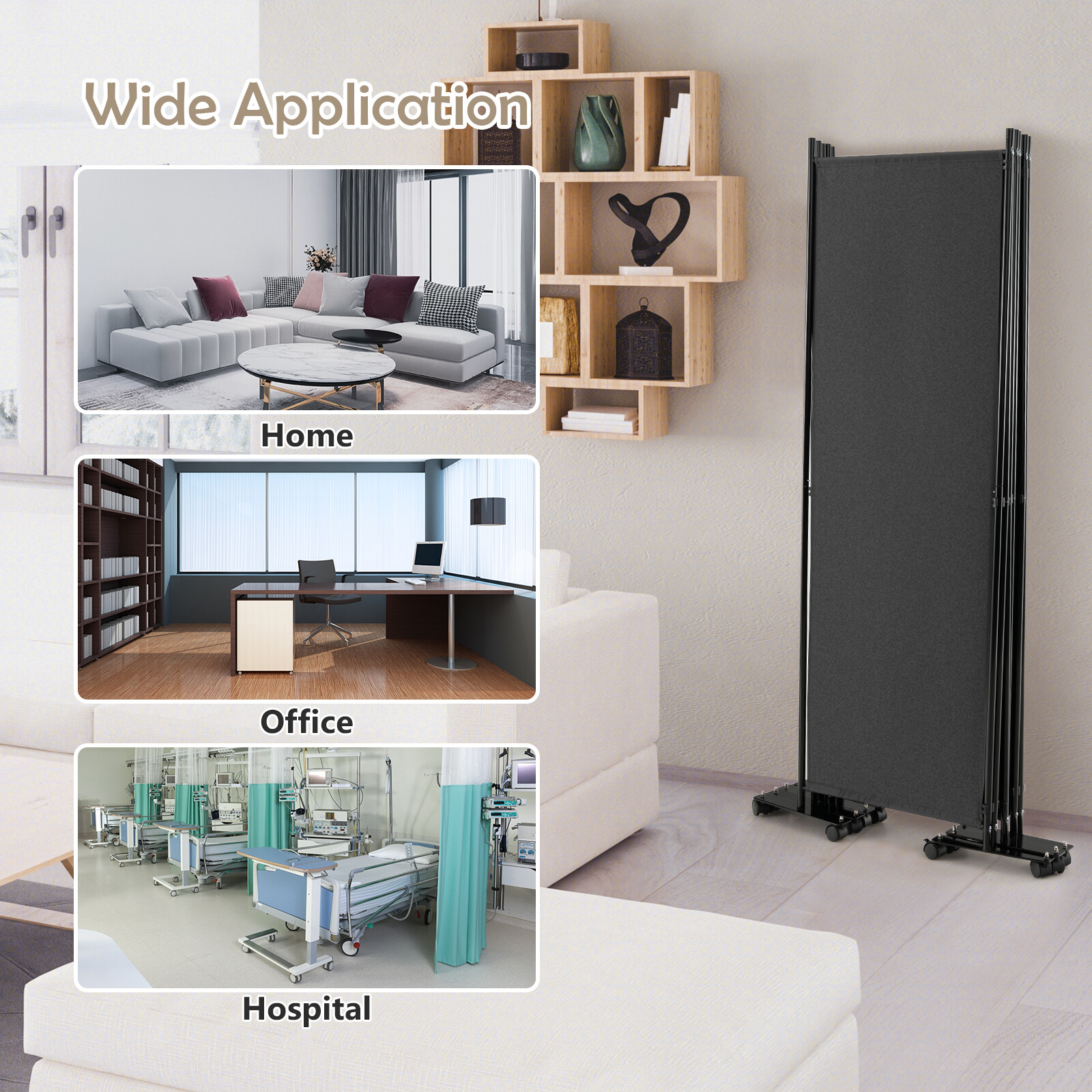 6-Panel Folding Room Divider 6FT Rolling Privacy Screen w/ Lockable Wheels Grey