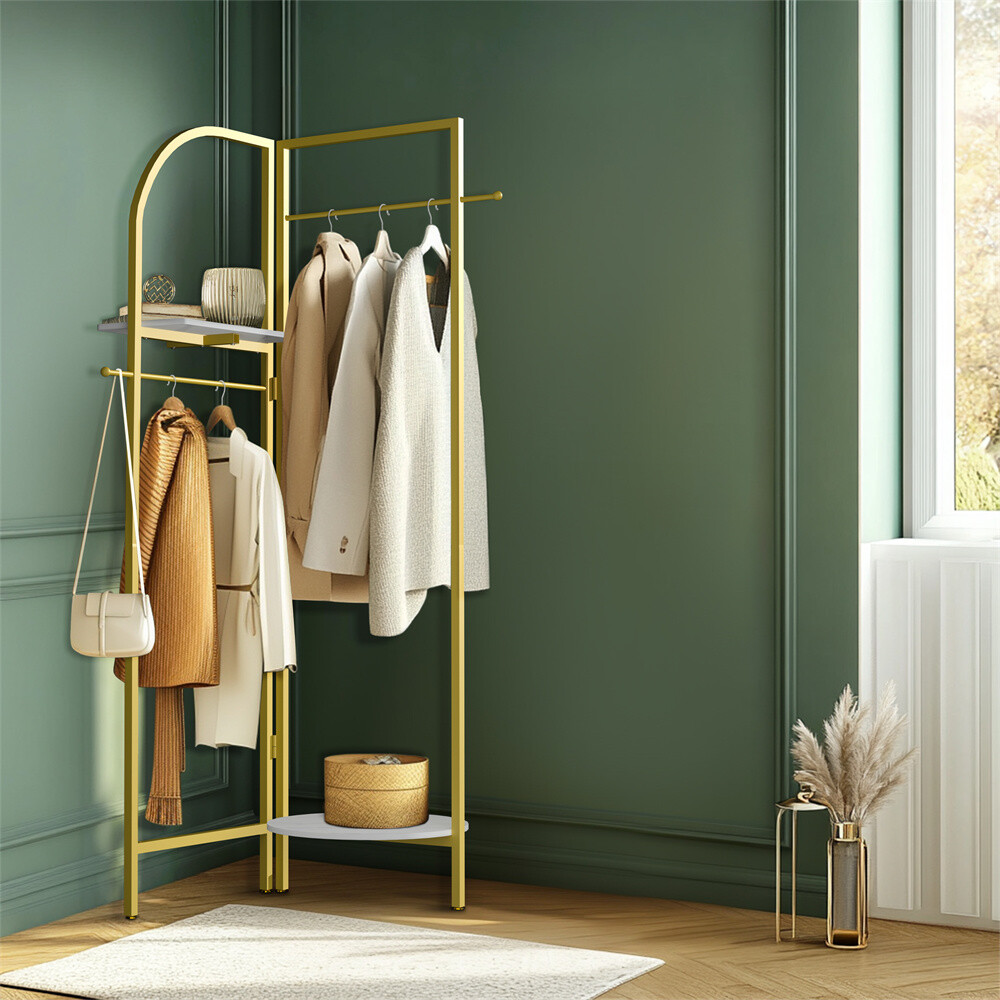 Corner Gold Metal Clothing Rack Freestanding Clothes Coat Rack 90-180° Unfolding