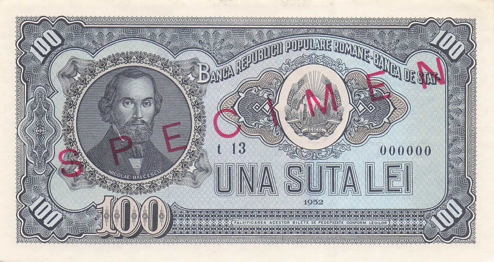 Romania 100 Lei 1952 Series t 13 Specimen Uncirculated Banknote HJ S