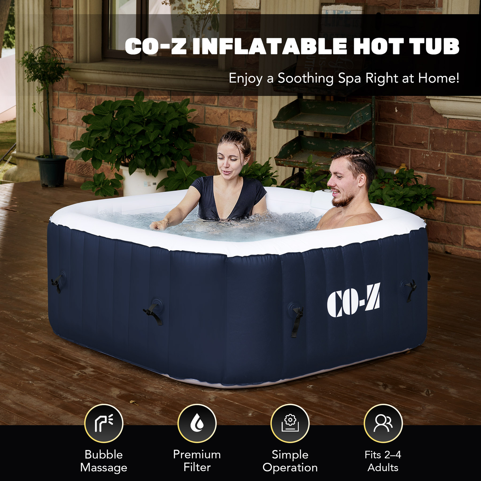 CO-Z Inflatable Tub Spa Portable 120 Air Jet w Pump and Cover 2-4 Person US