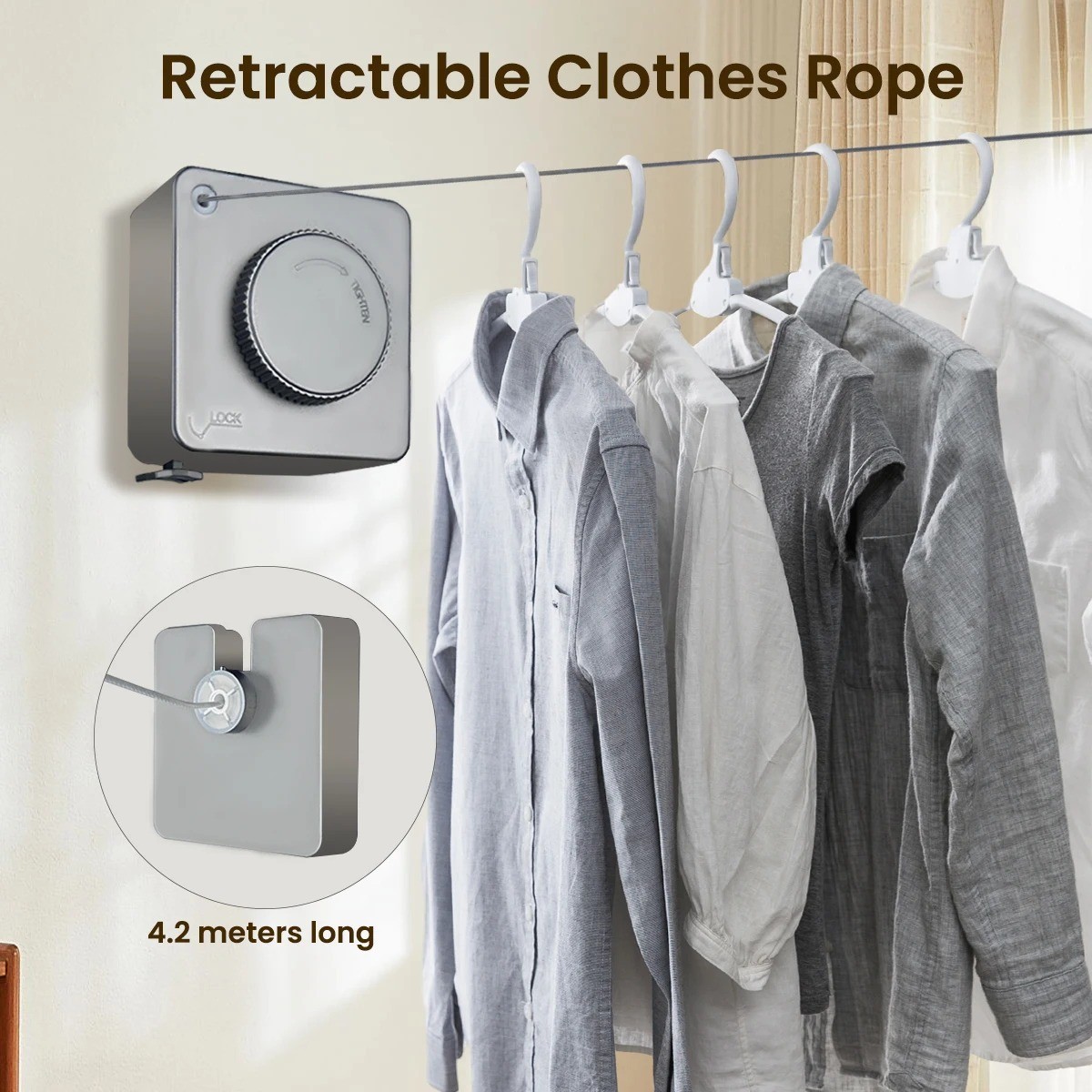Retractable Clothesline 15.1FT Wall Mounted Stainless Steel Indoor Outdoor Gray