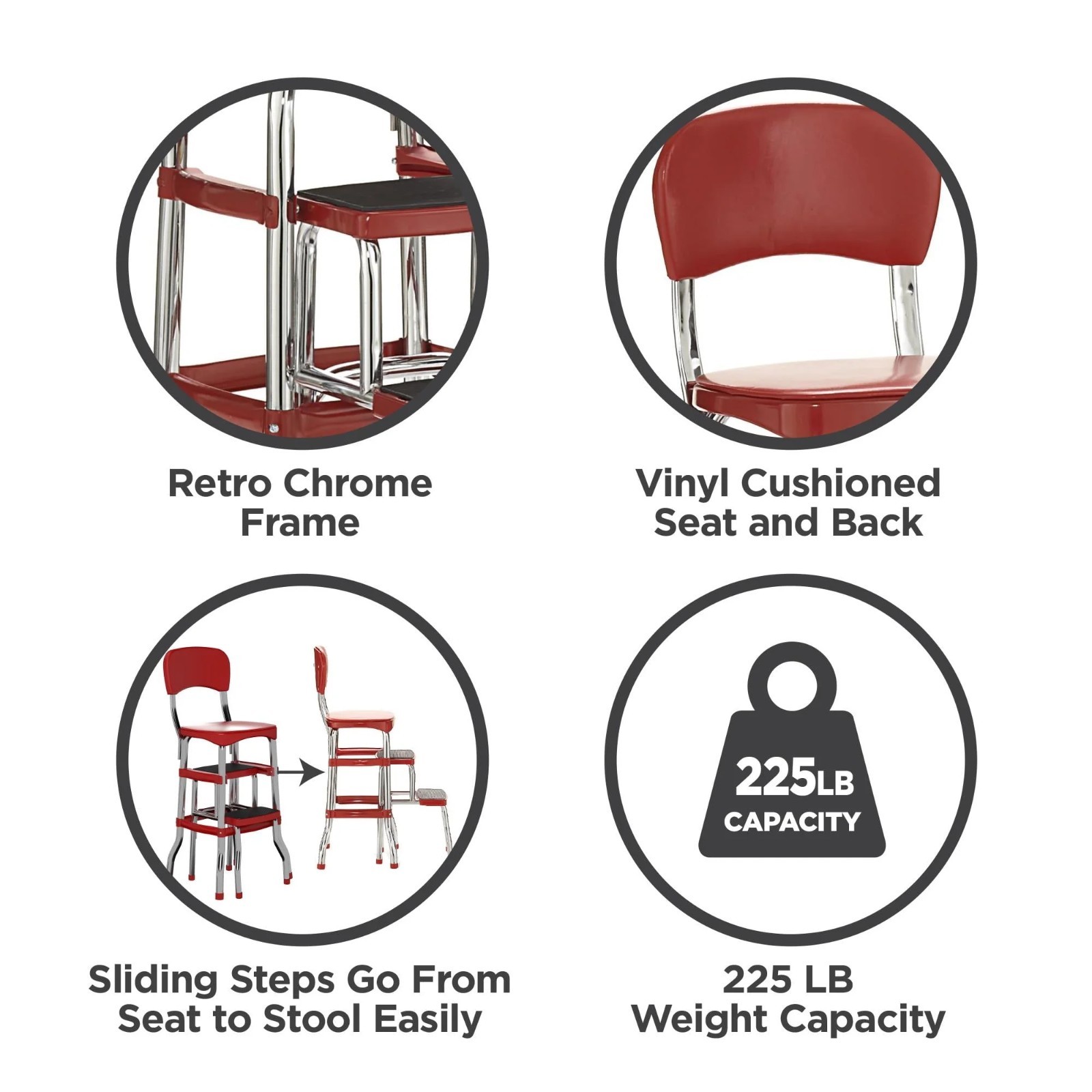 NEW! COSCO Stylaire Retro Chair + 2-Step Steel Step Stool w/ Pull-Out Steps, Red