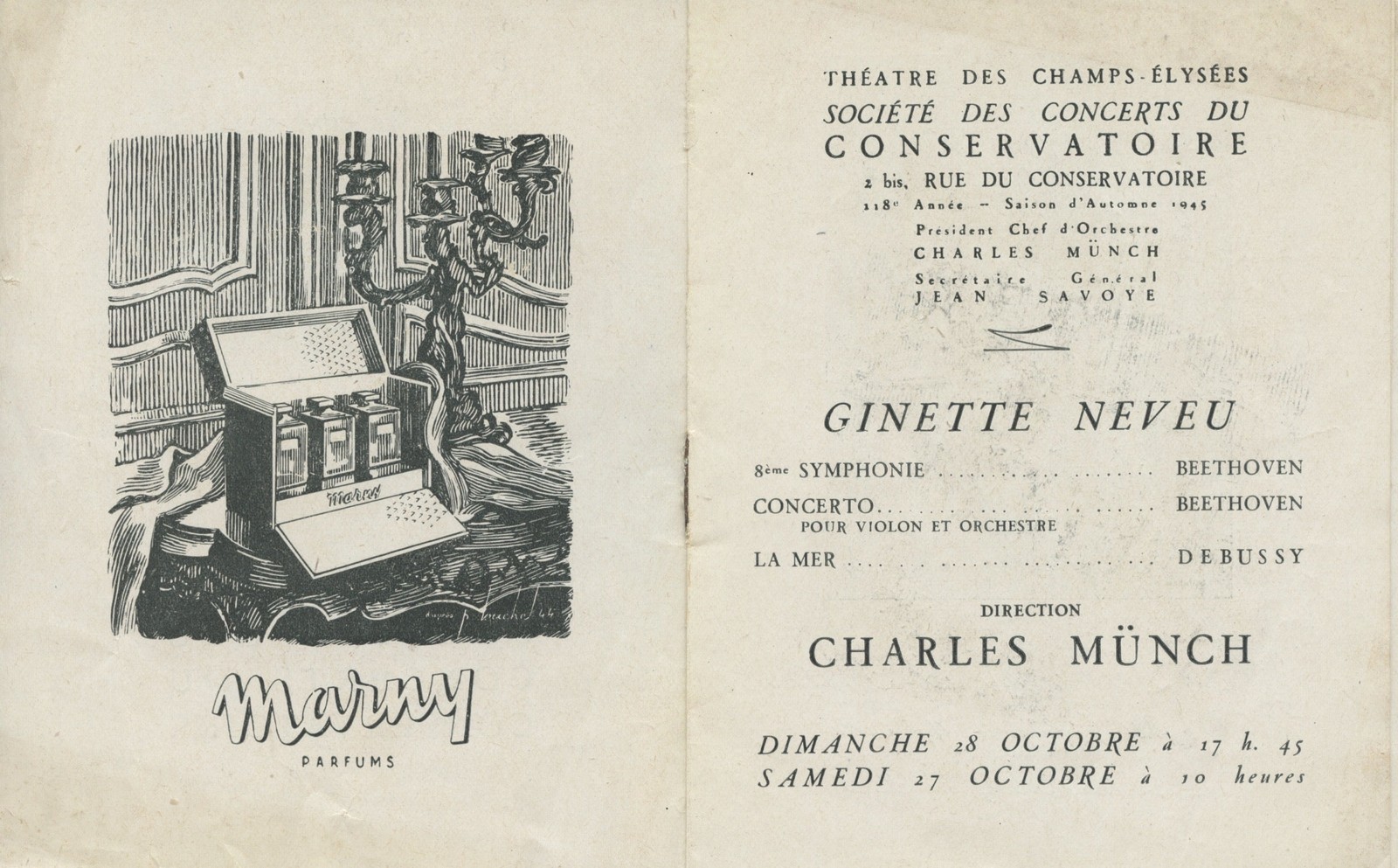 NEVEU, Ginette. (1919 – 1949): Original Program performing Beethoven Violin Cto